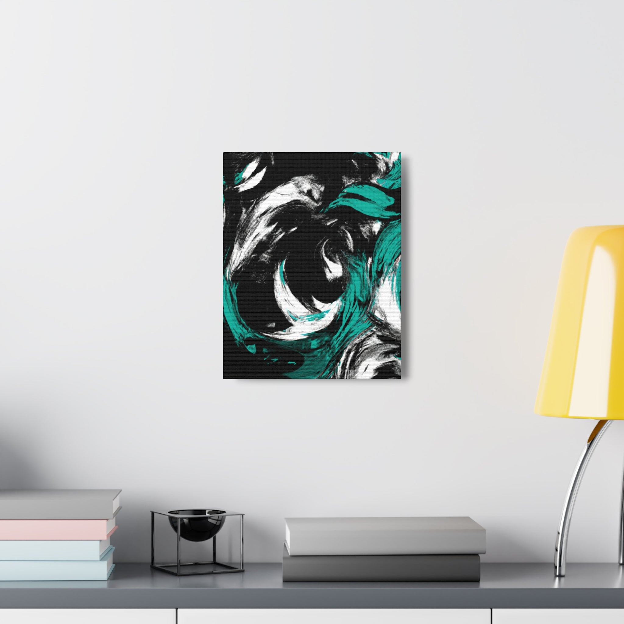 Abstract canvas print featuring black, green, and white colors, perfect for wall decor.