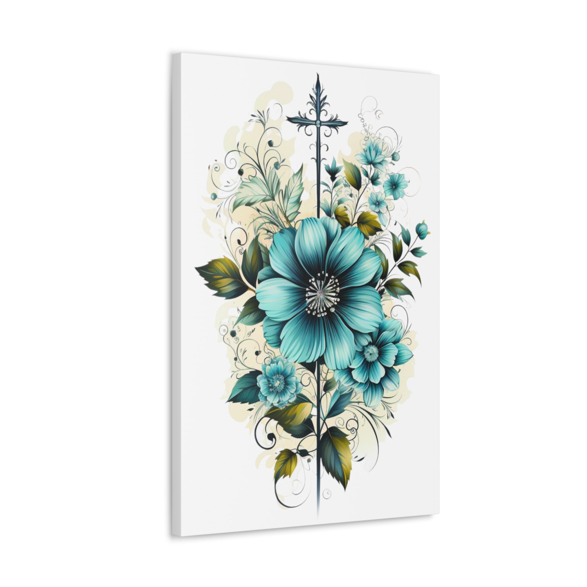 Blue Green Christian Cross canvas print with floral bouquet illustration, perfect for wall decor.