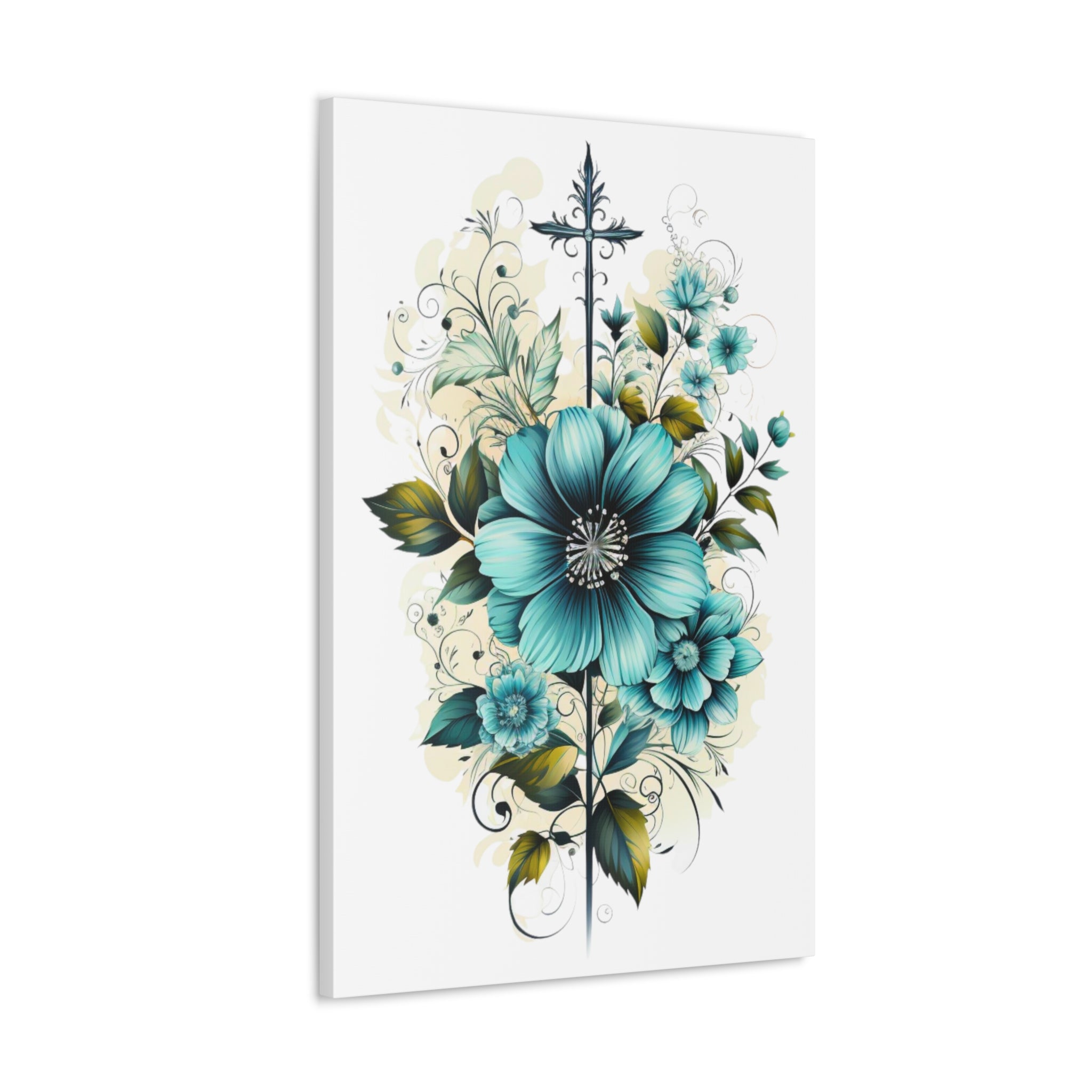 Blue Green Christian Cross canvas print with floral bouquet illustration, perfect for wall decor.