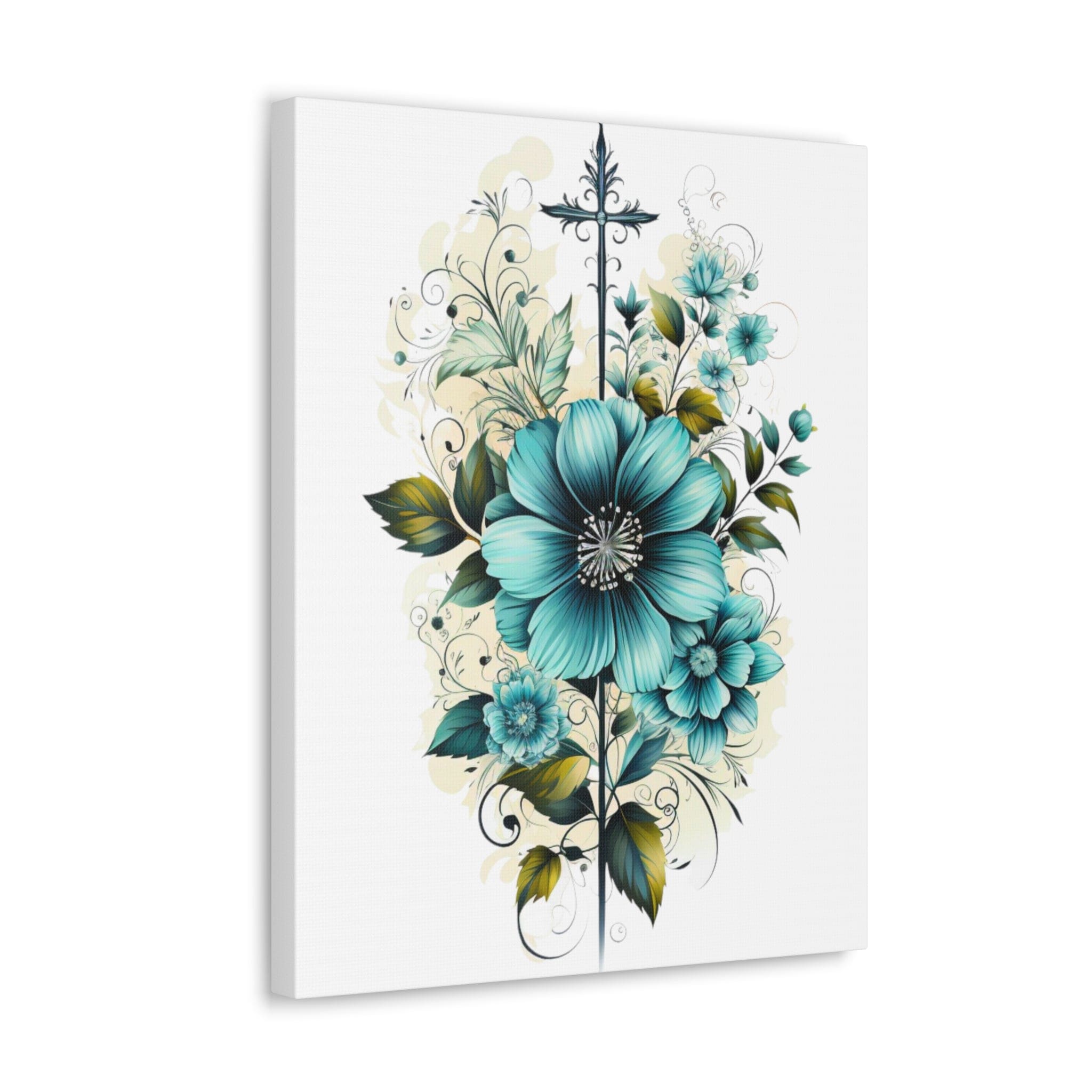 Blue Green Christian Cross canvas print with floral bouquet illustration, perfect for wall decor.