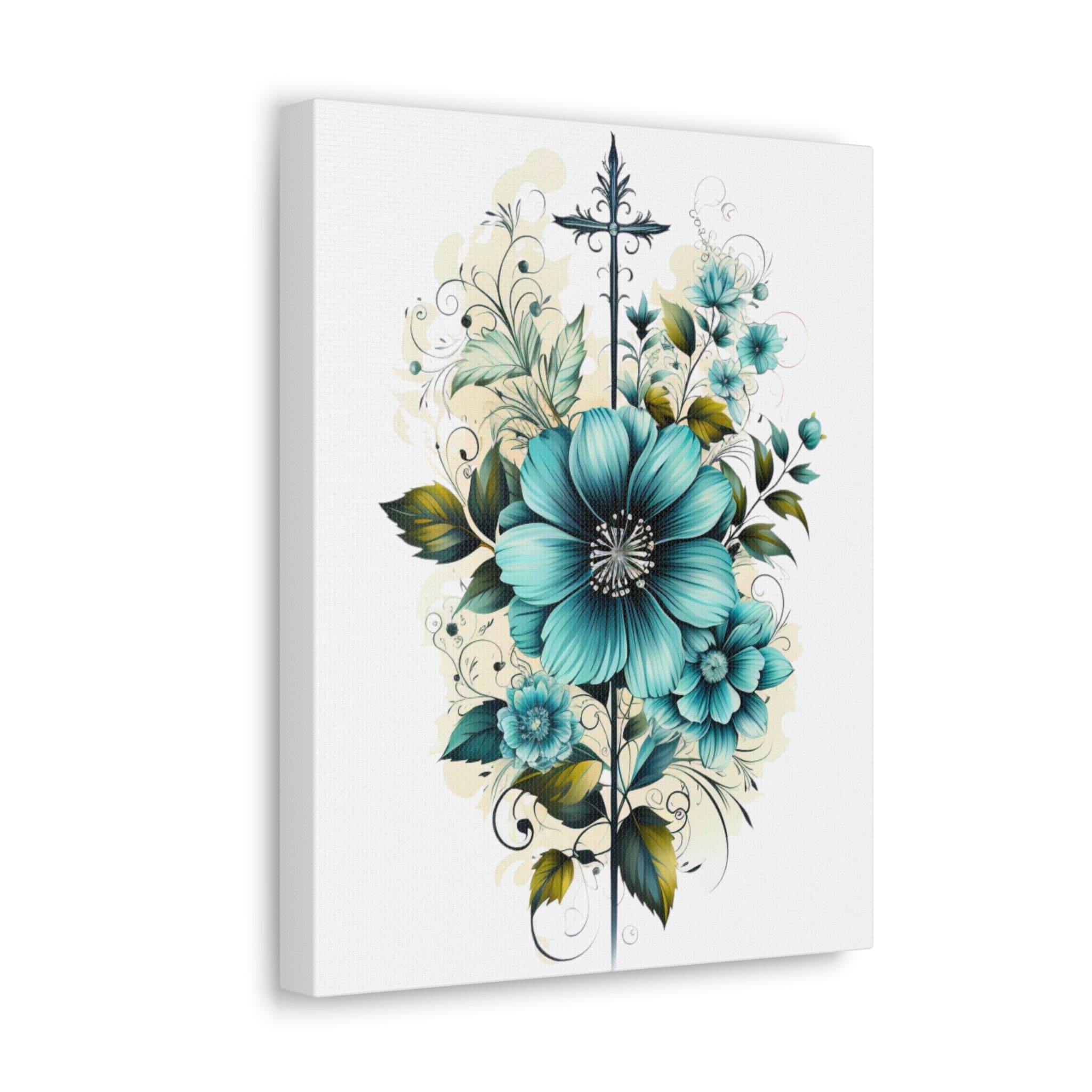 Blue Green Christian Cross canvas print with floral bouquet illustration, perfect for wall decor.