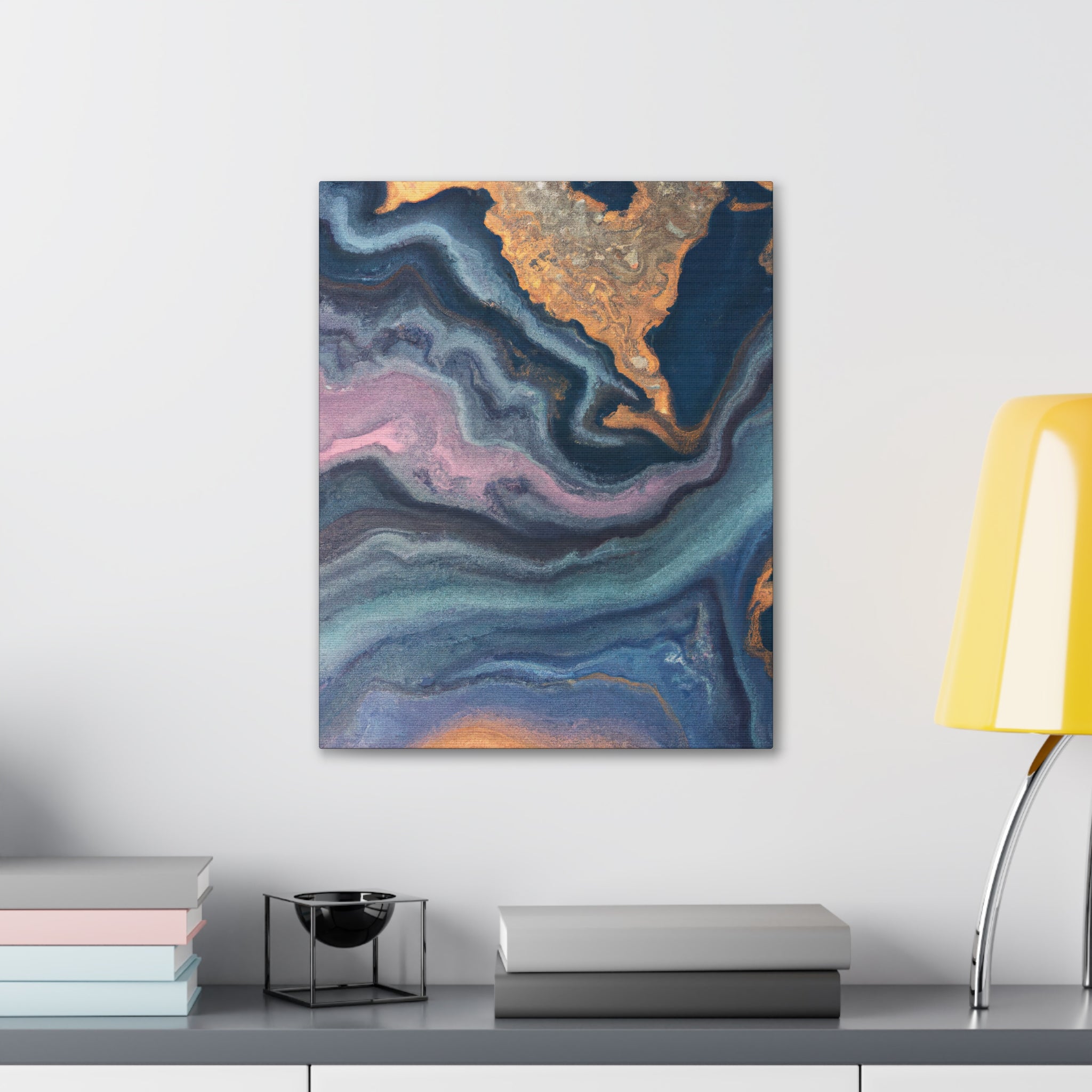 Blue Pink Gold Abstract Marble Canvas Print showcasing a swirl pattern, perfect for wall decor.