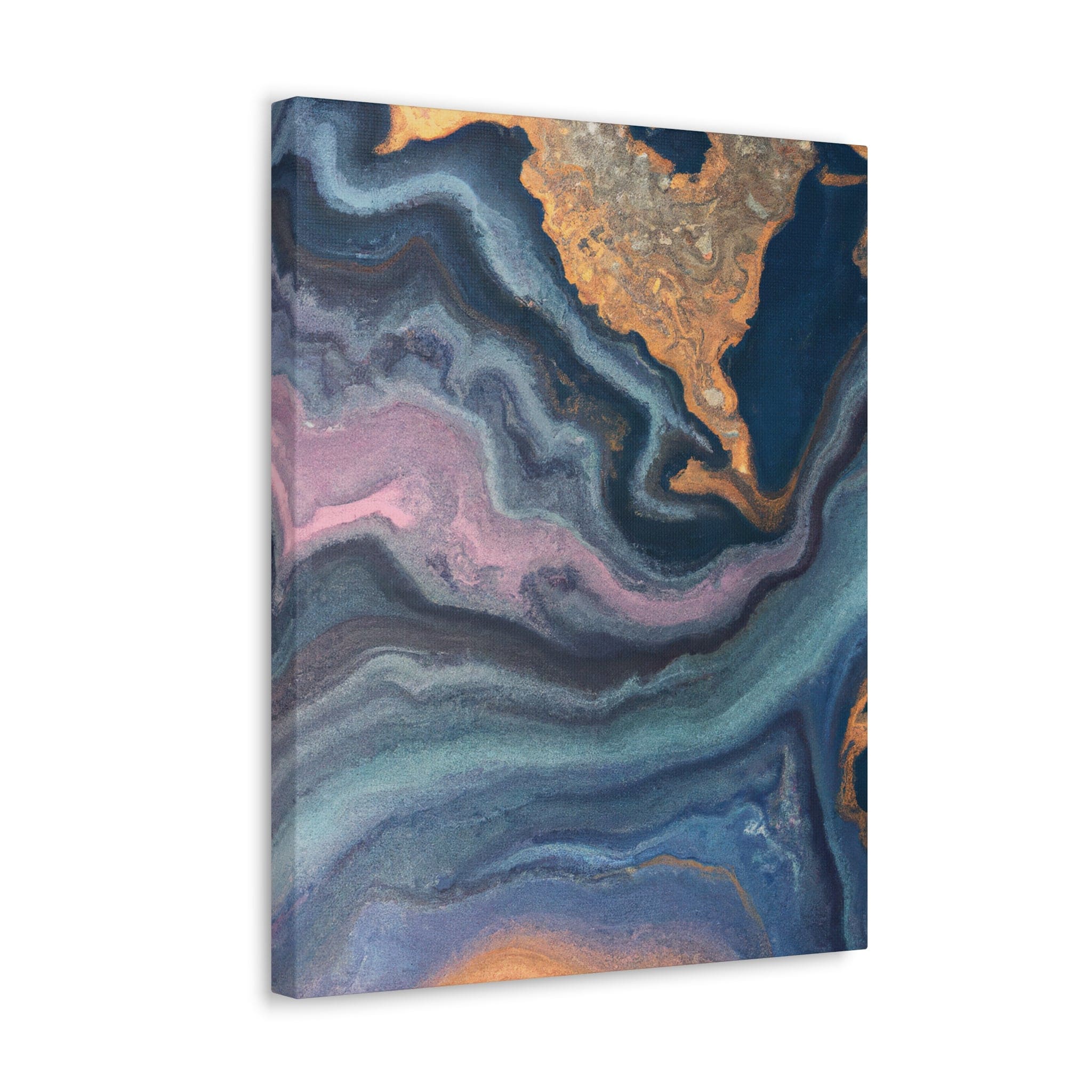 Blue Pink Gold Abstract Marble Canvas Print showcasing a swirl pattern, perfect for wall decor.