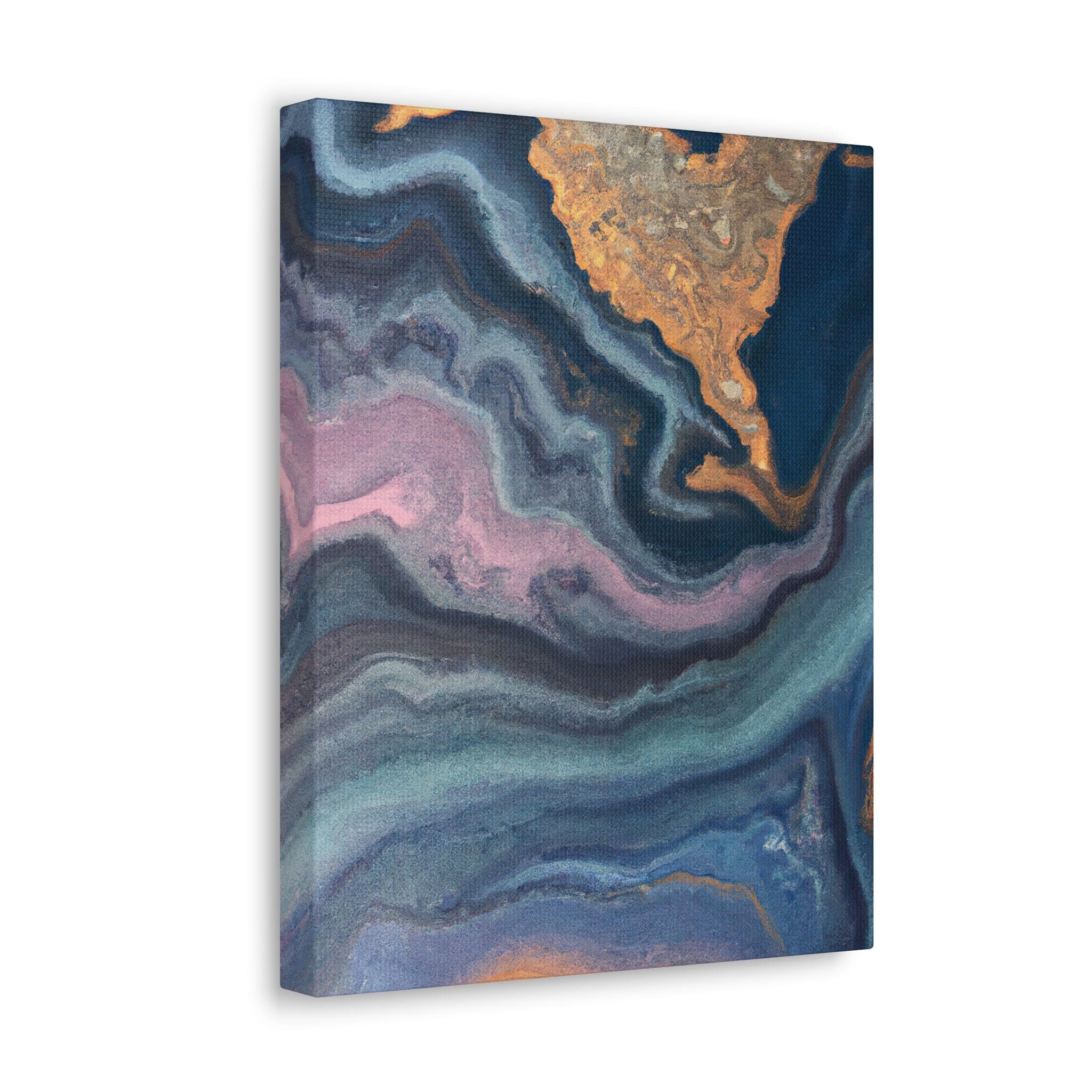 Blue Pink Gold Abstract Marble Canvas Print showcasing a swirl pattern, perfect for wall decor.