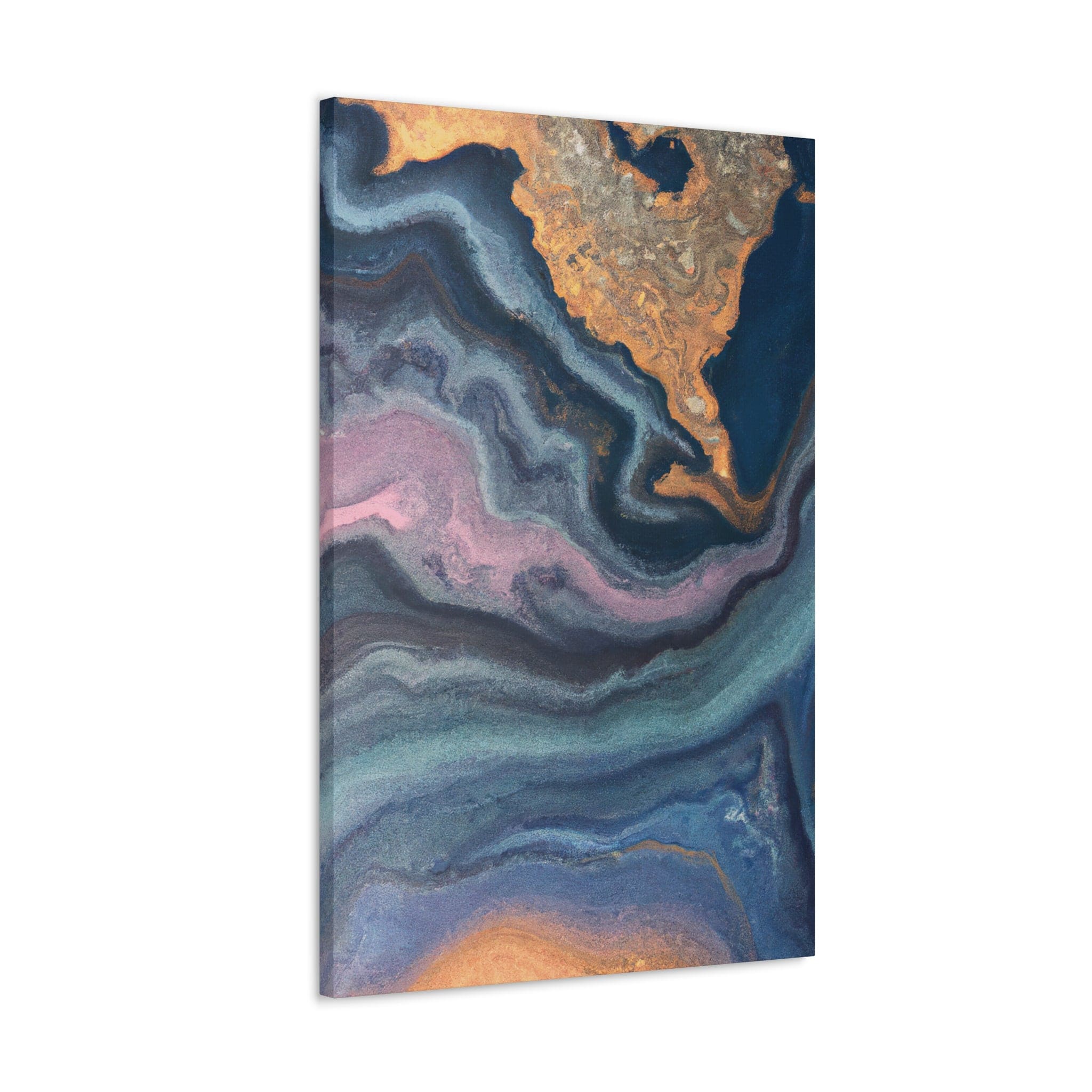 Blue Pink Gold Abstract Marble Canvas Print showcasing a swirl pattern, perfect for wall decor.