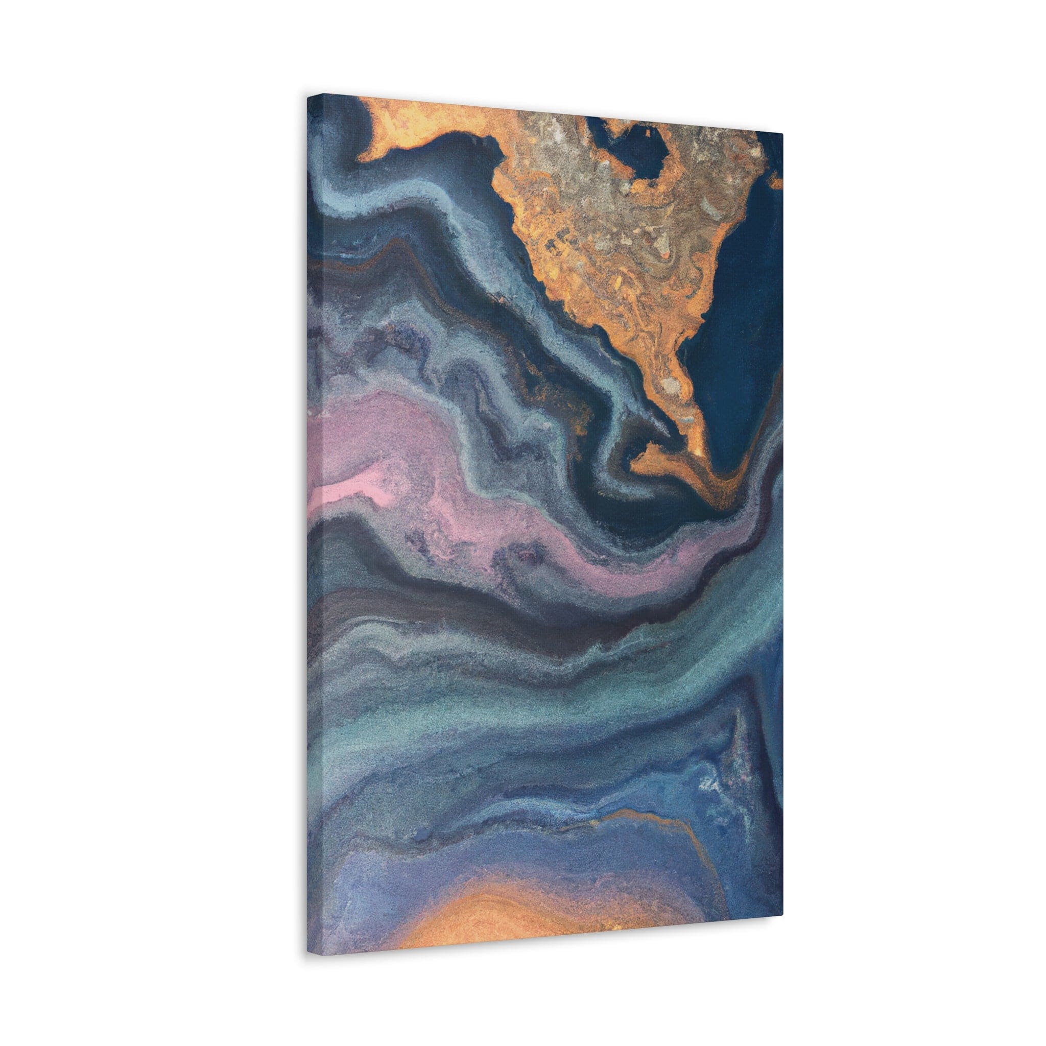 Blue Pink Gold Abstract Marble Canvas Print showcasing a swirl pattern, perfect for wall decor.