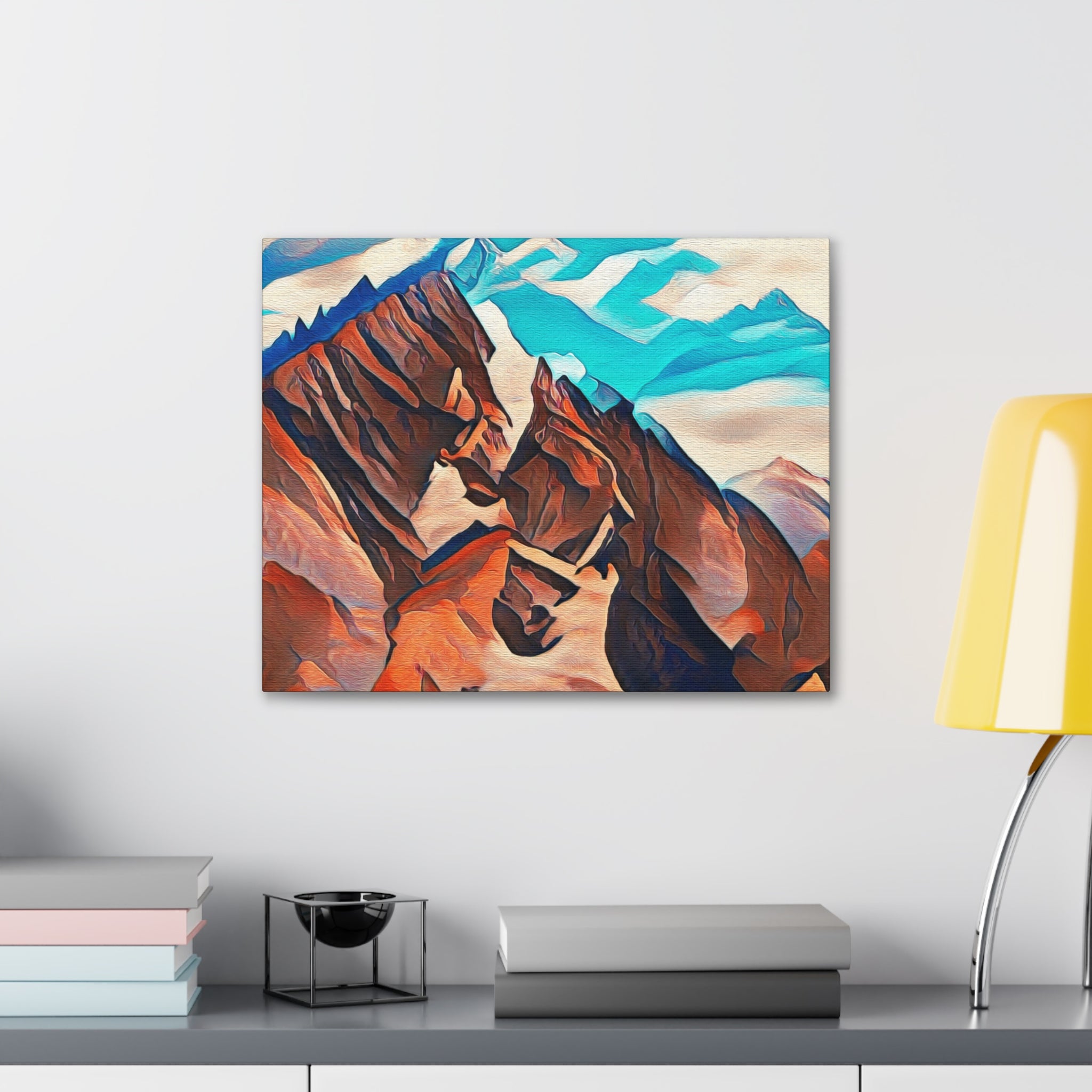 Canvas print artwork featuring brown horses in a serene landscape, showcasing vibrant colors and fine details.