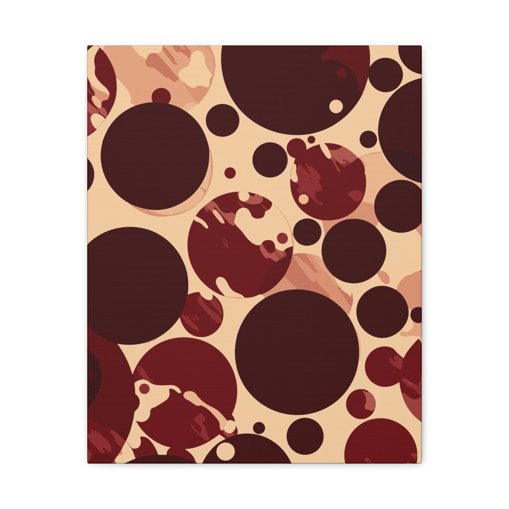 Burgundy and Beige Circular Canvas Print Artwork, featuring a spotted illustration on a textured canvas gallery wrap.