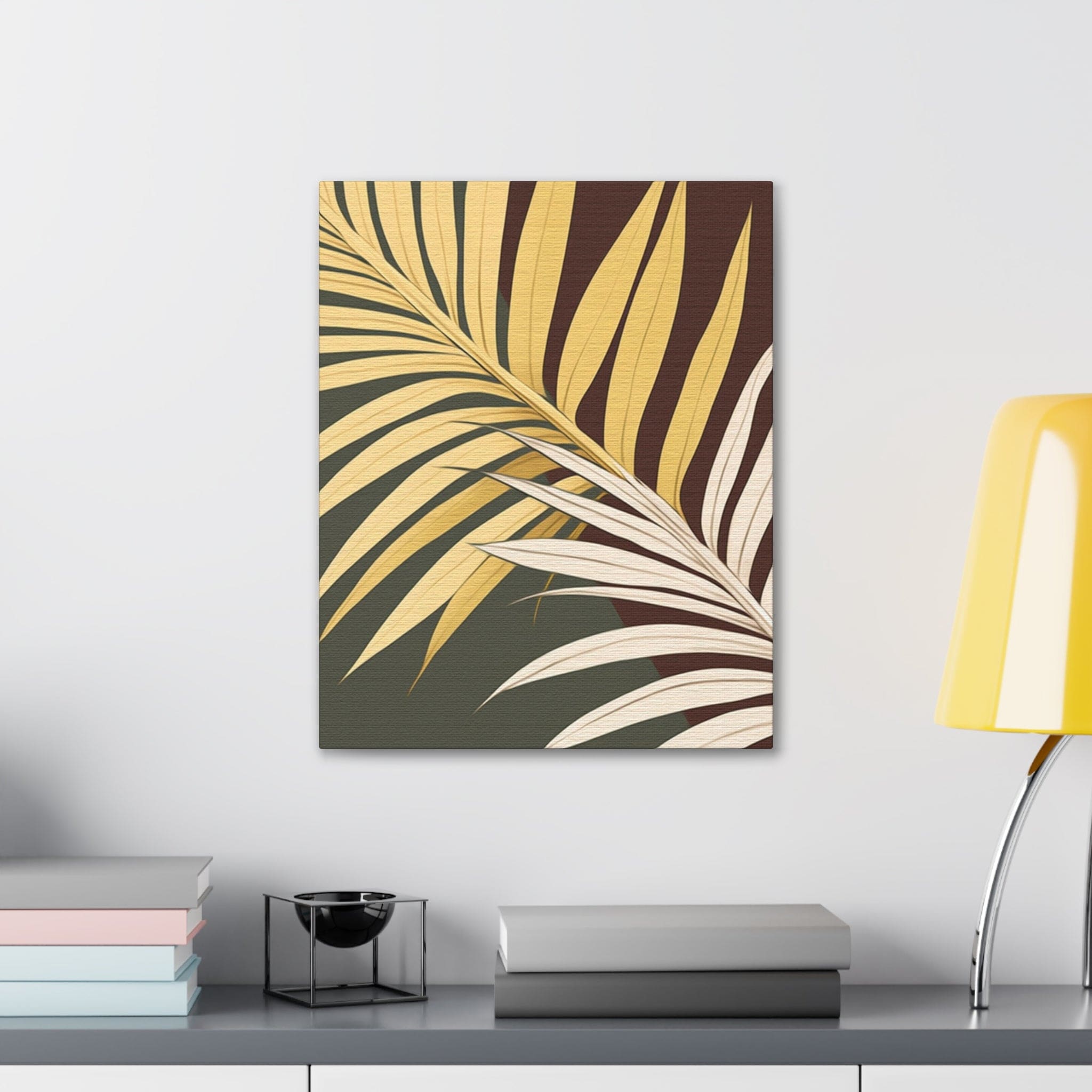 Canvas print artwork featuring vibrant yellow and green palm tree leaves, perfect for home decor.