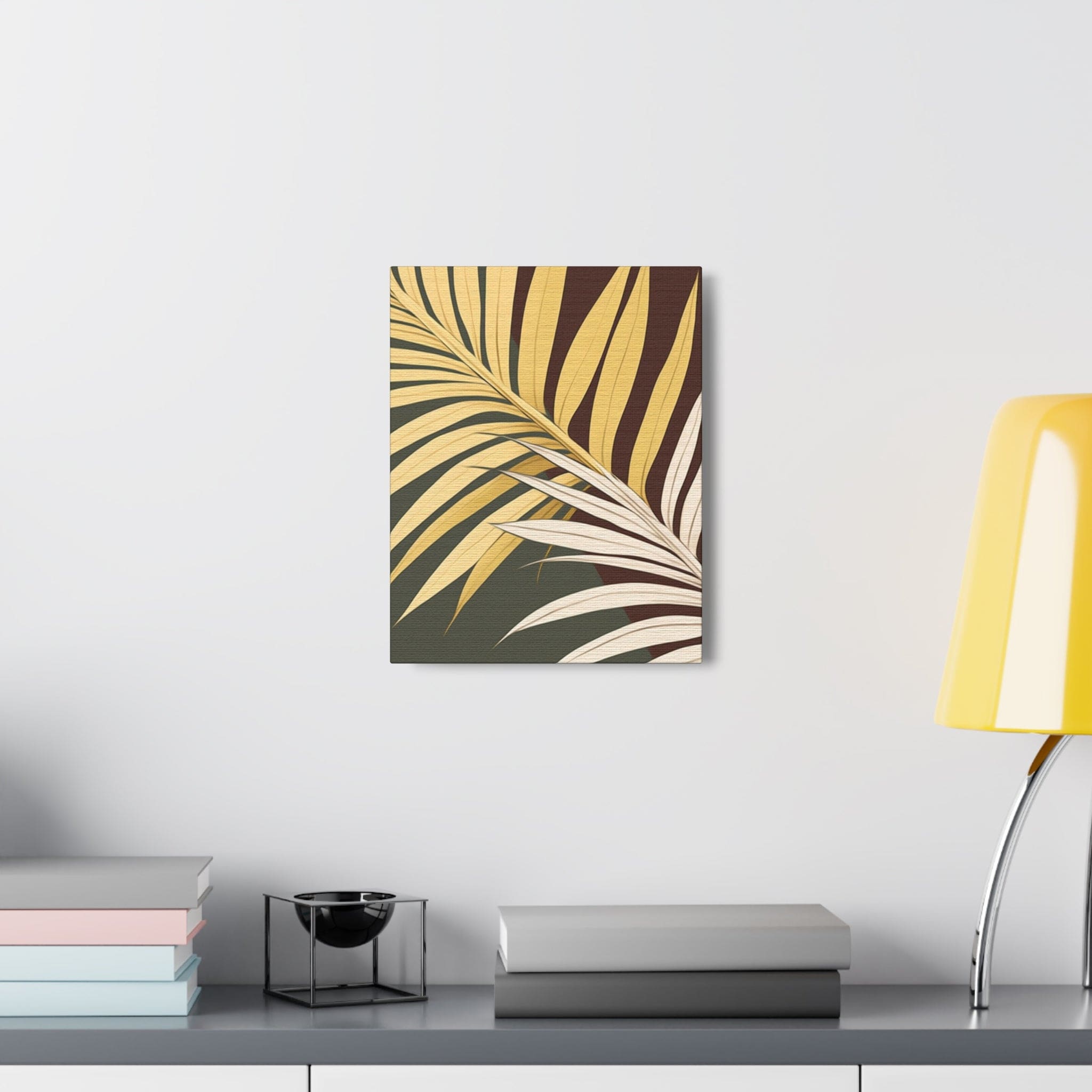 Canvas print artwork featuring vibrant yellow and green palm tree leaves, perfect for home decor.