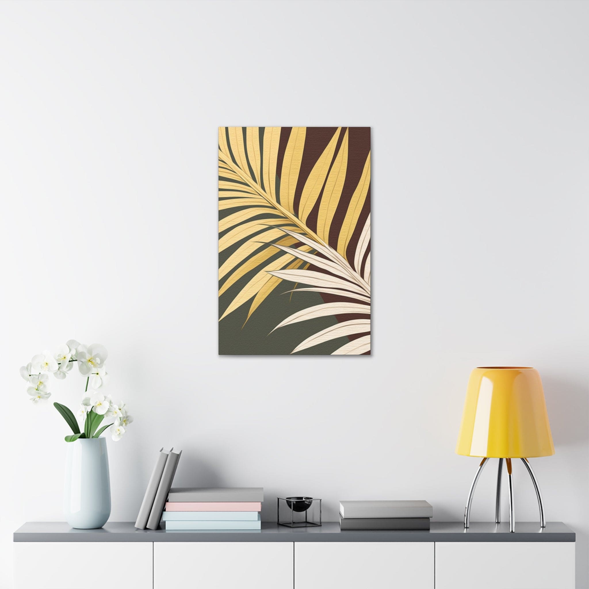 Canvas print artwork featuring vibrant yellow and green palm tree leaves, perfect for home decor.