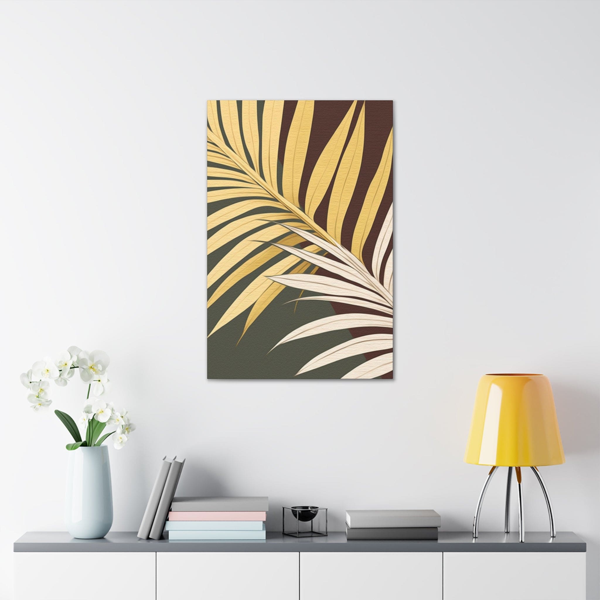 Canvas print artwork featuring vibrant yellow and green palm tree leaves, perfect for home decor.