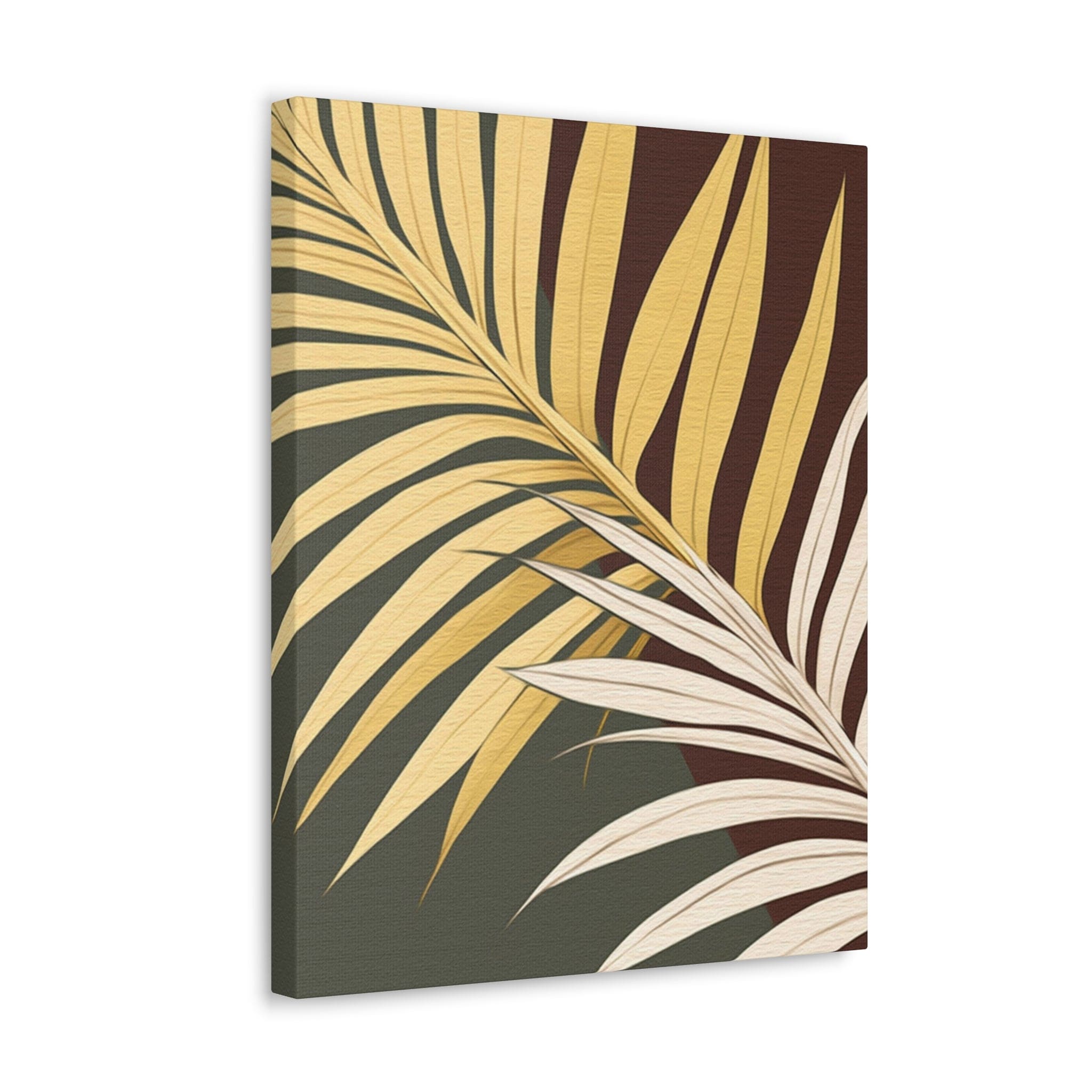 Canvas print artwork featuring vibrant yellow and green palm tree leaves, perfect for home decor.