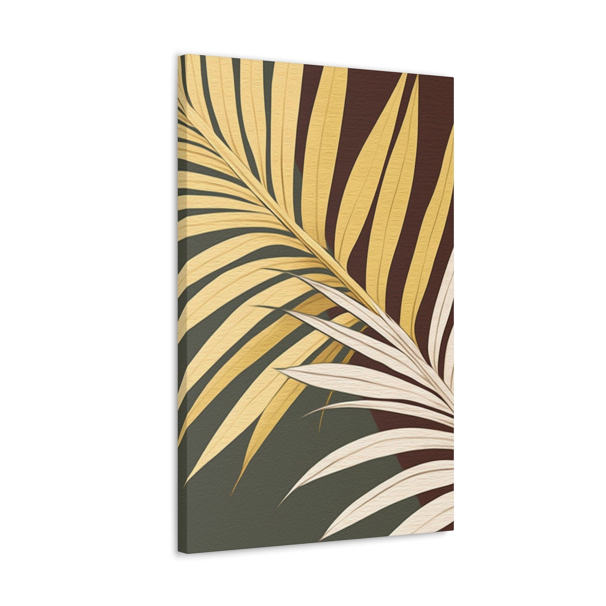 Canvas print artwork featuring vibrant yellow and green palm tree leaves, perfect for home decor.