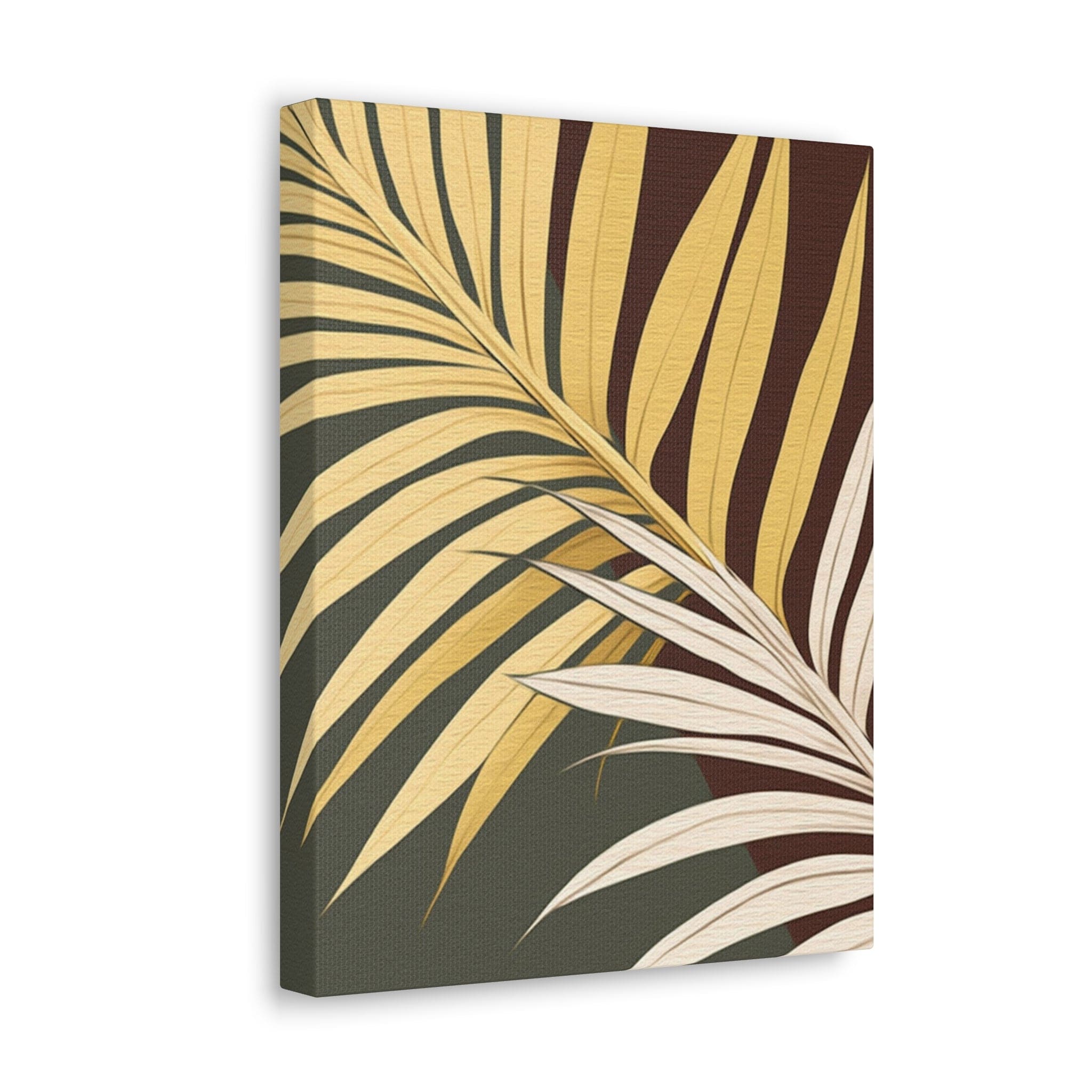 Canvas print artwork featuring vibrant yellow and green palm tree leaves, perfect for home decor.