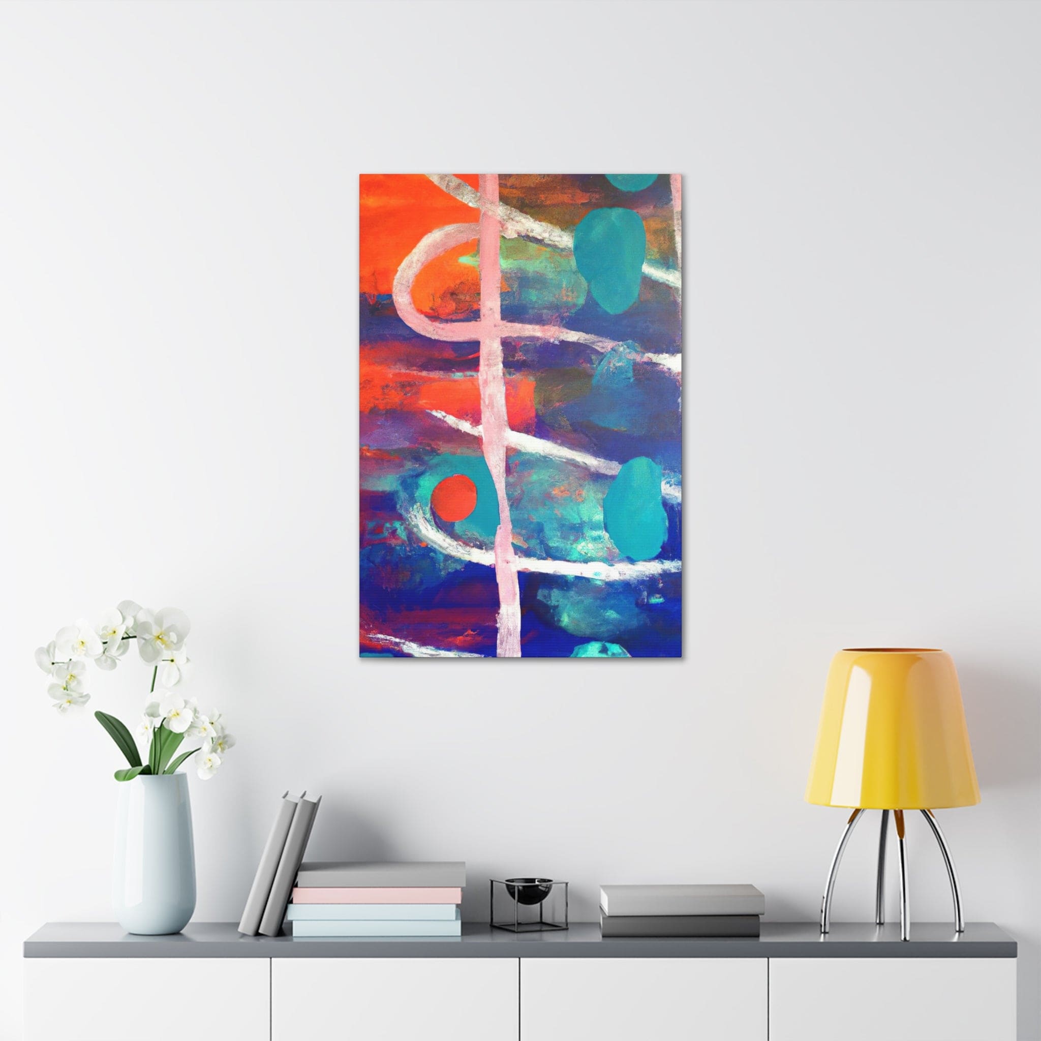 A vibrant red and blue abstract canvas print artwork, showcasing a modern design perfect for wall decor.