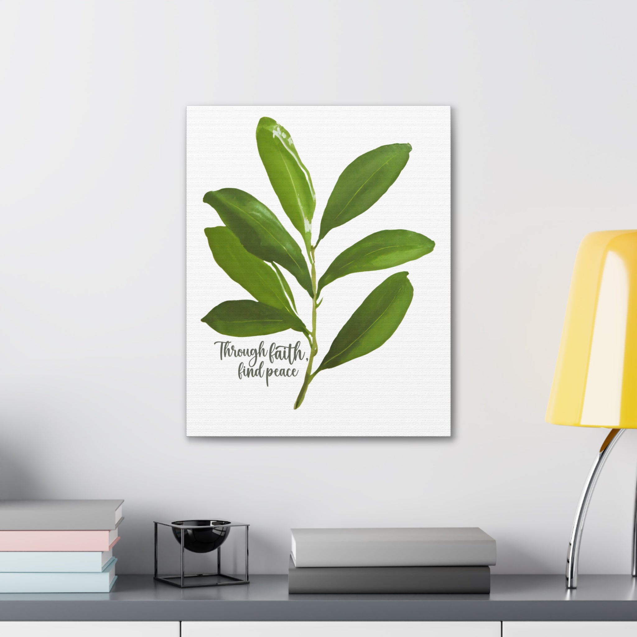 Canvas print artwork featuring olive leaves with the text 'Through Faith Find Peace', designed for wall decor.