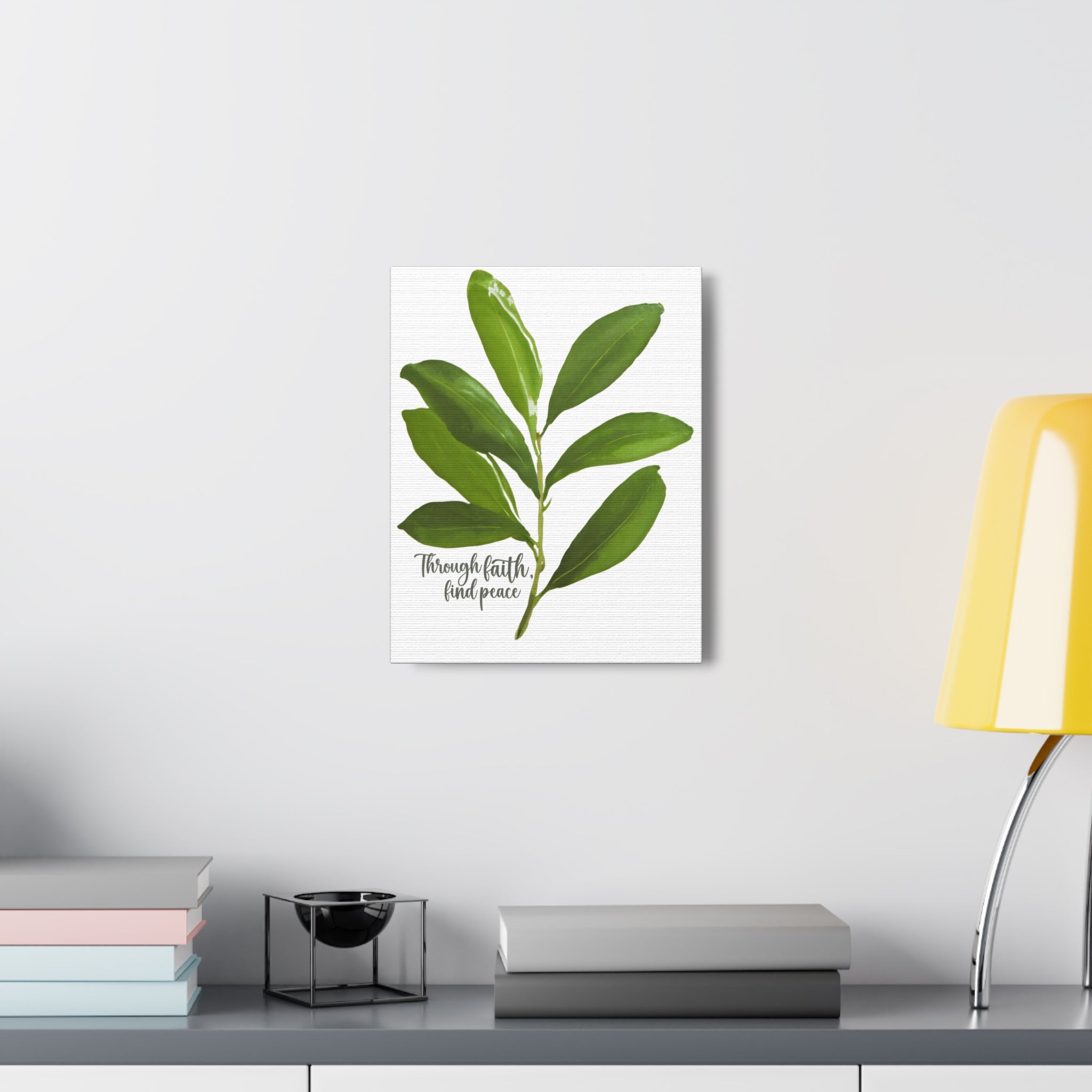 Canvas print artwork featuring olive leaves with the text 'Through Faith Find Peace', designed for wall decor.