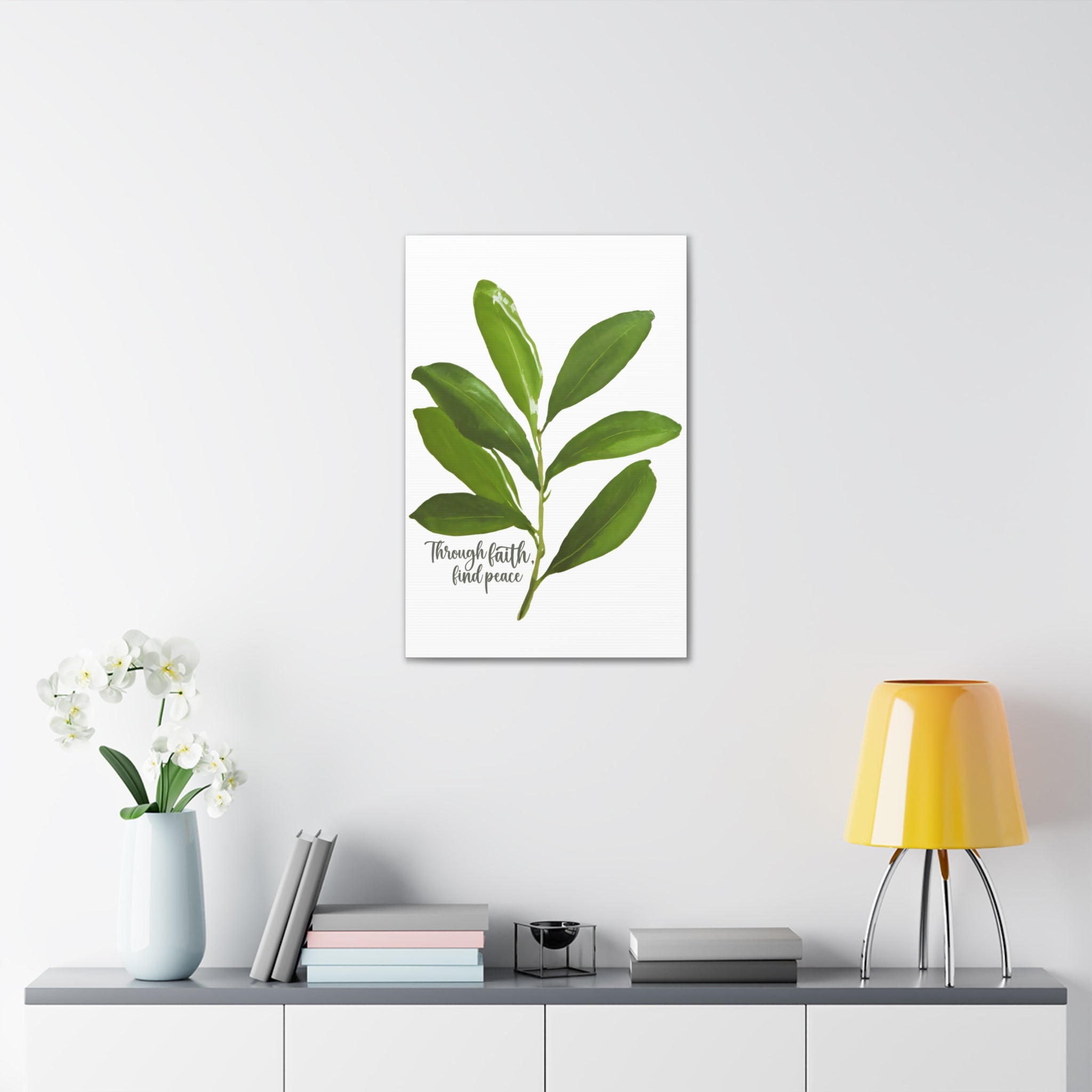 Canvas print artwork featuring olive leaves with the text 'Through Faith Find Peace', designed for wall decor.