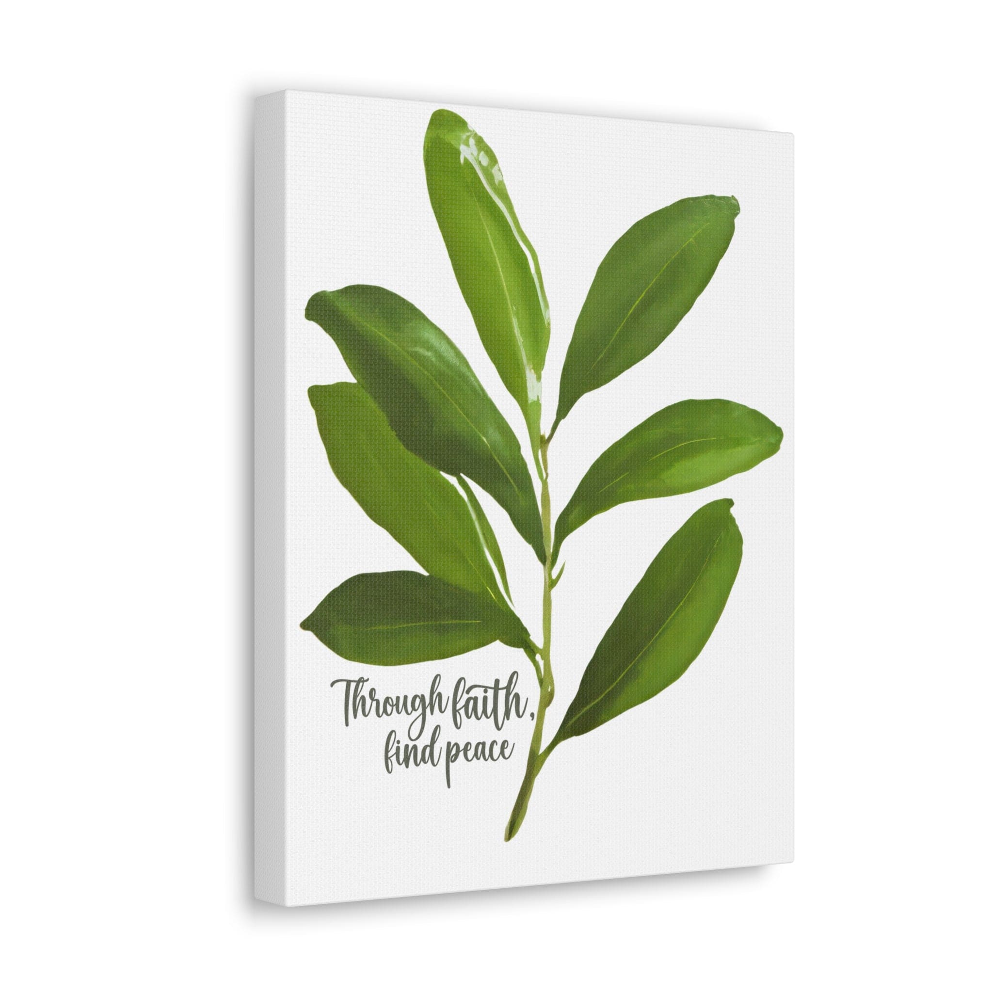 Canvas print artwork featuring olive leaves with the text 'Through Faith Find Peace', designed for wall decor.