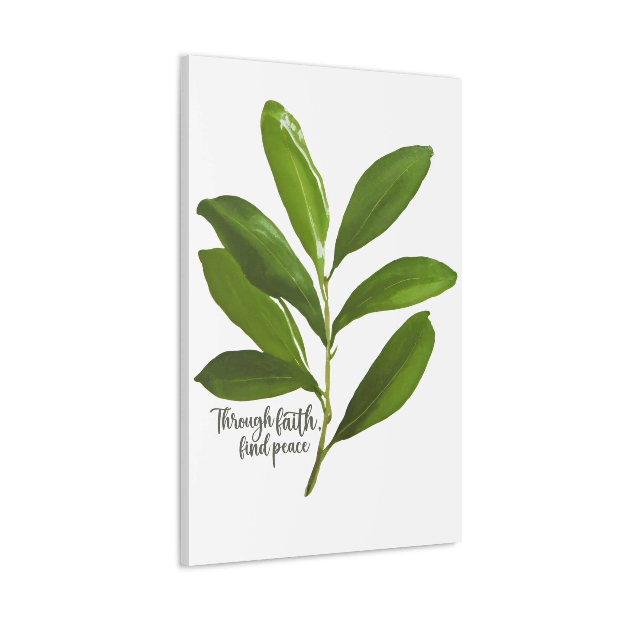 Canvas print artwork featuring olive leaves with the text 'Through Faith Find Peace', designed for wall decor.