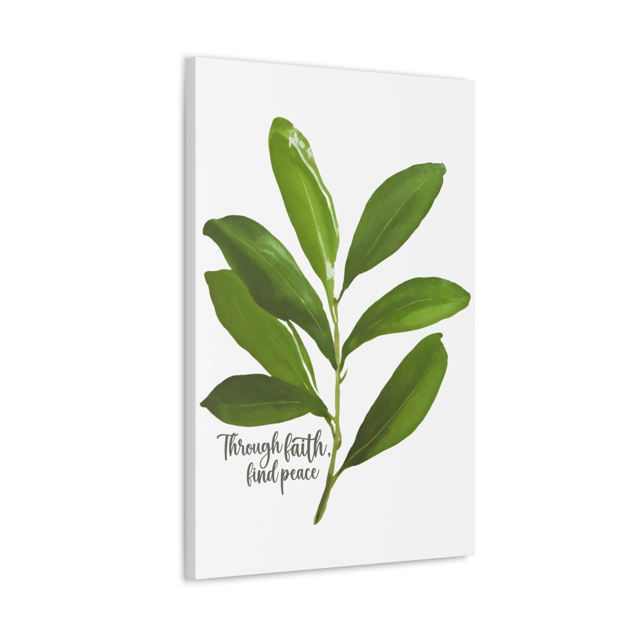 Canvas print artwork featuring olive leaves with the text 'Through Faith Find Peace', designed for wall decor.