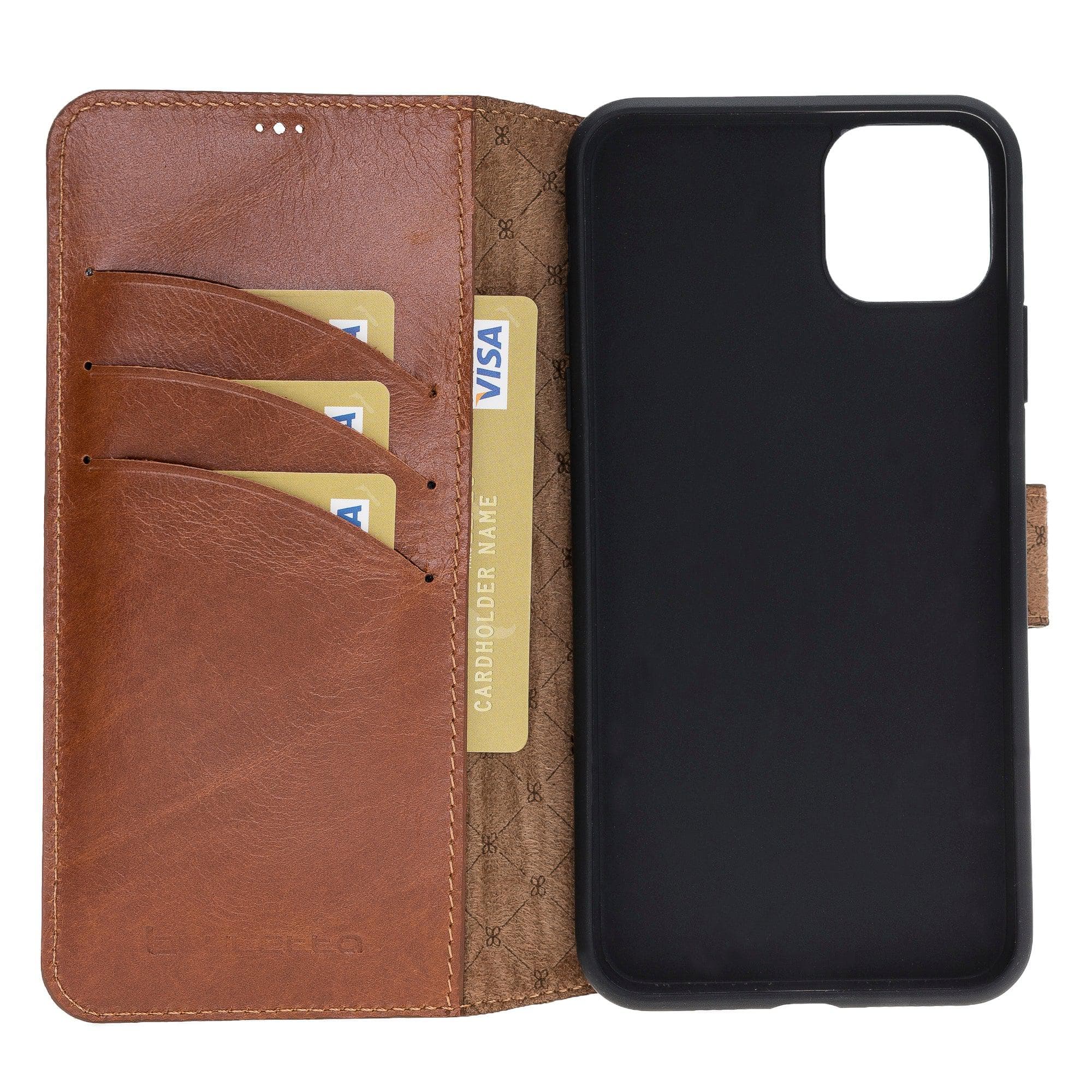 Bouletta Wallet Folio with ID Slot, a brown leather wallet case for Apple iPhone 11, featuring card slots and RFID protection.