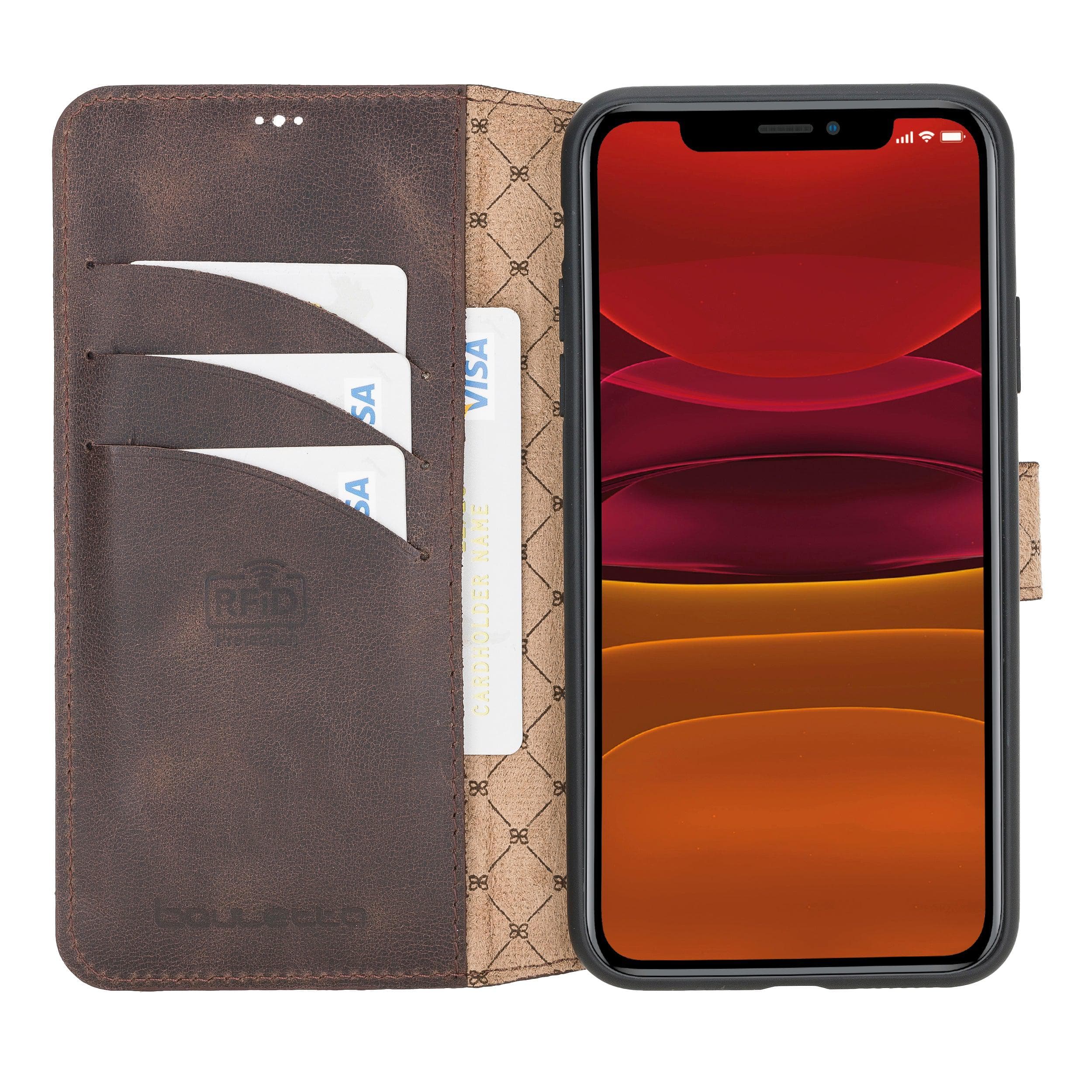 Bouletta Wallet Folio with ID Slot, a brown leather wallet case for Apple iPhone 11, featuring card slots and RFID protection.