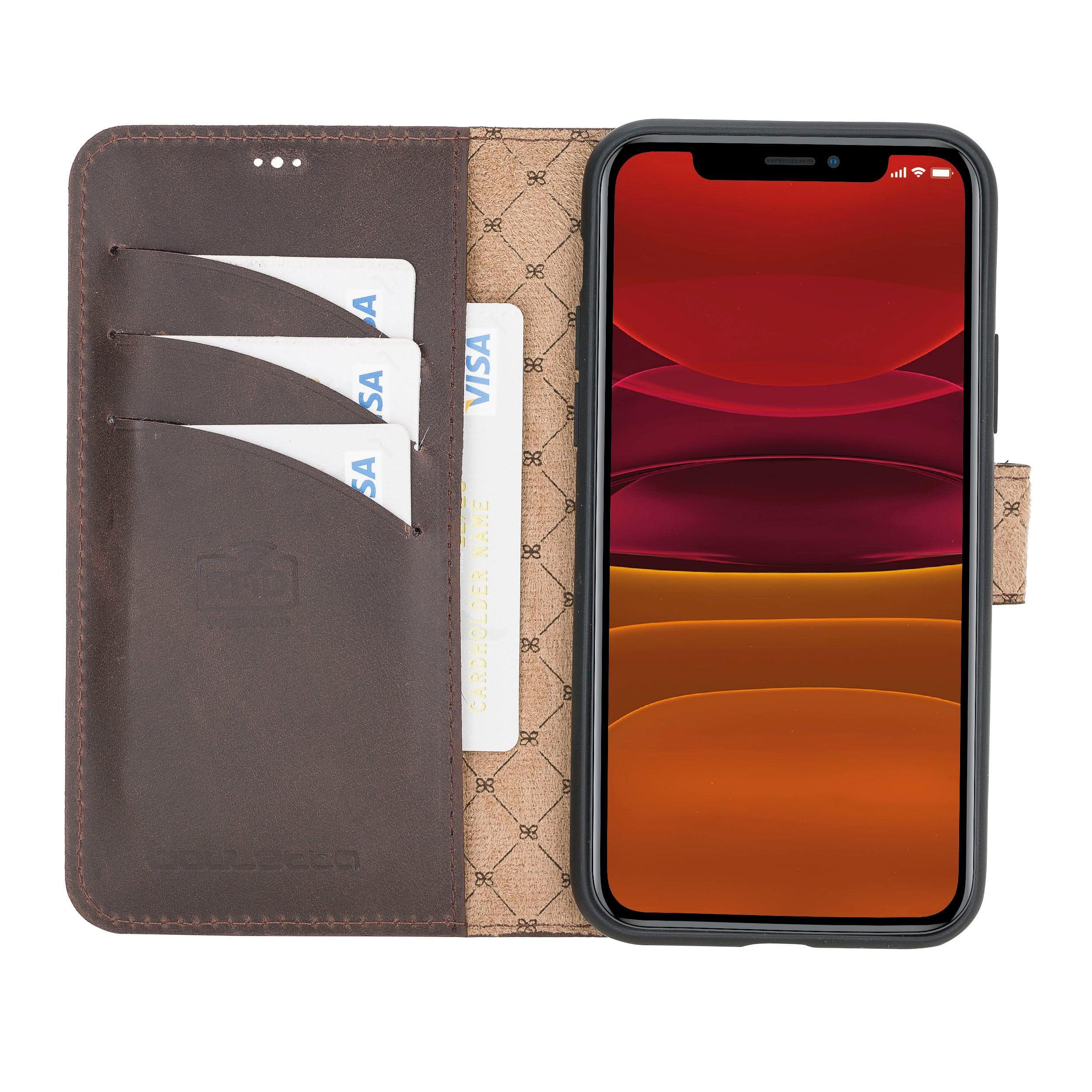 Bouletta Wallet Folio with ID Slot, a brown leather wallet case for Apple iPhone 11, featuring card slots and RFID protection.