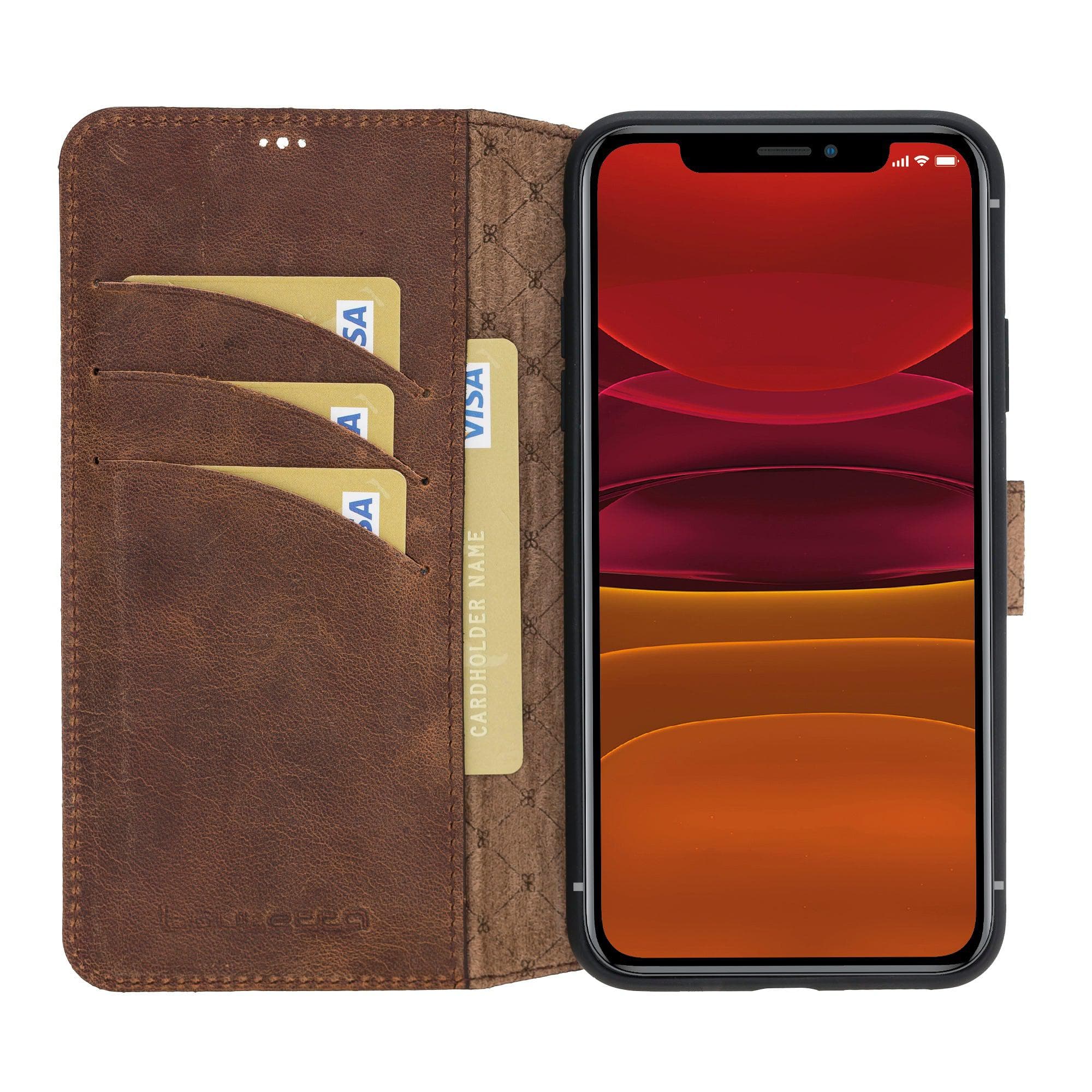 Bouletta Wallet Folio with ID Slot, a brown leather wallet case for Apple iPhone 11, featuring card slots and RFID protection.