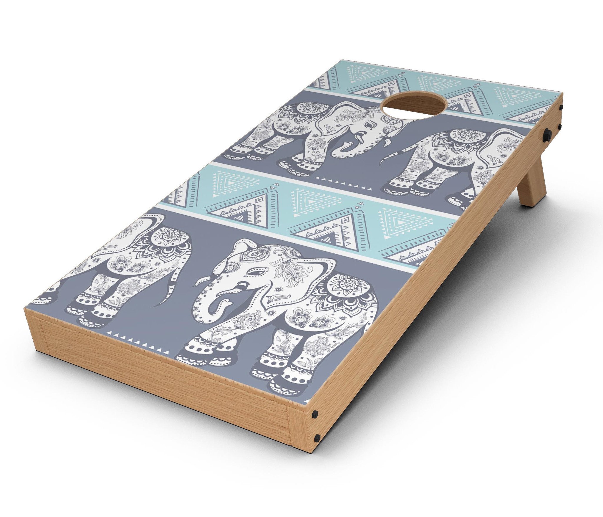 Walking Sacred Elephant Pattern Cornhole Board Skin Decal Kit showcasing vibrant elephant design on premium vinyl.