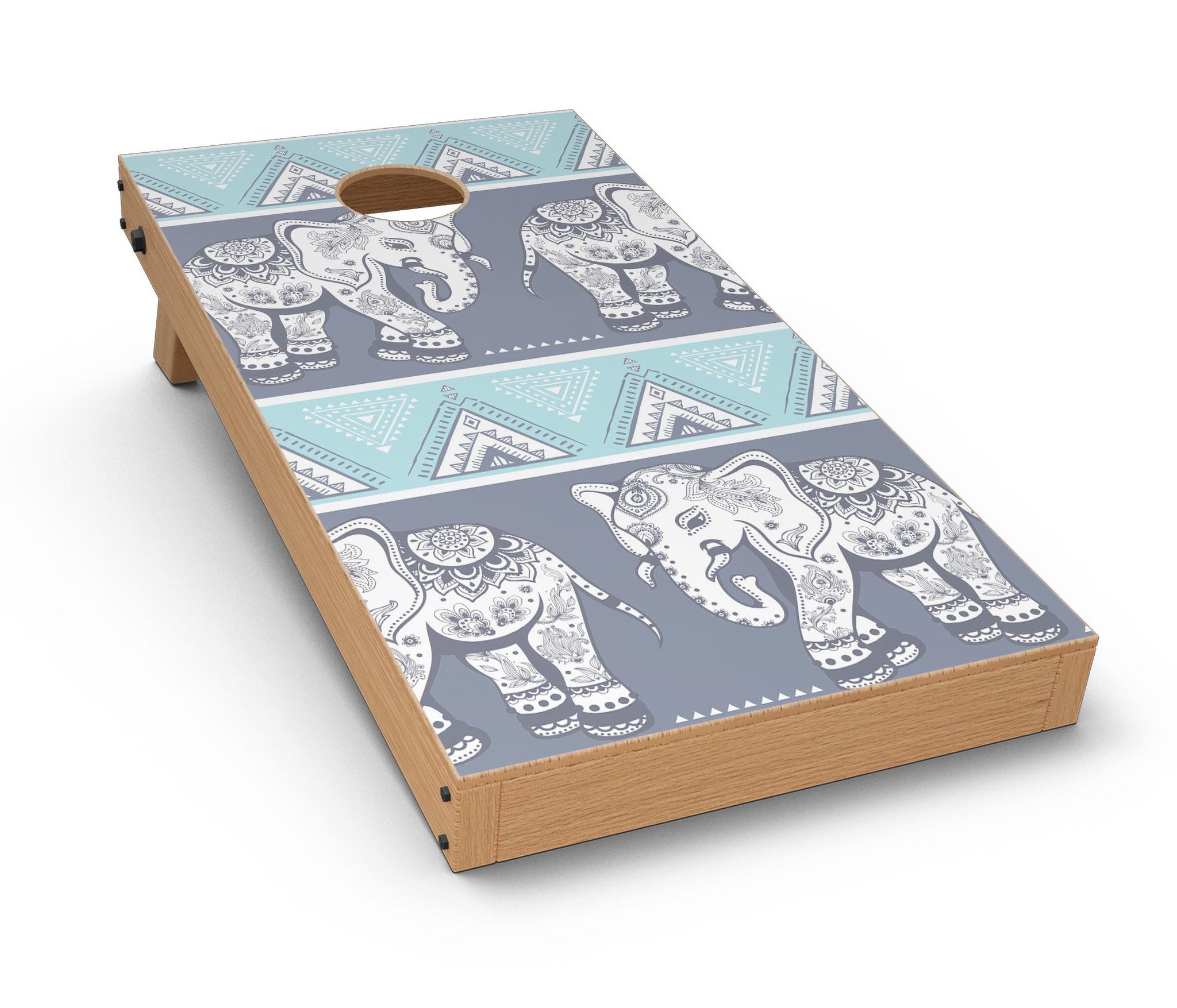 Walking Sacred Elephant Pattern Cornhole Board Skin Decal Kit showcasing vibrant elephant design on premium vinyl.