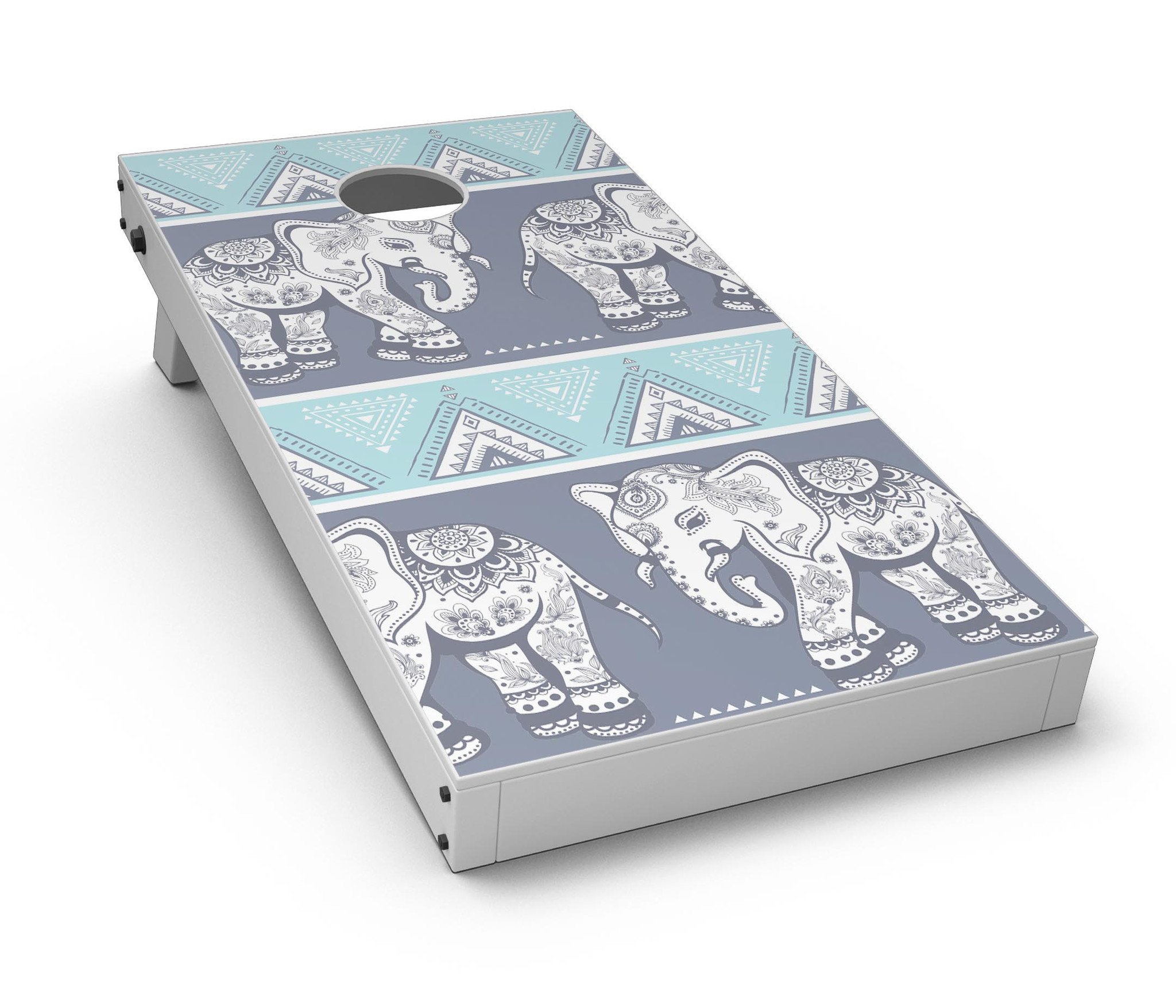 Walking Sacred Elephant Pattern Cornhole Board Skin Decal Kit showcasing vibrant elephant design on premium vinyl.