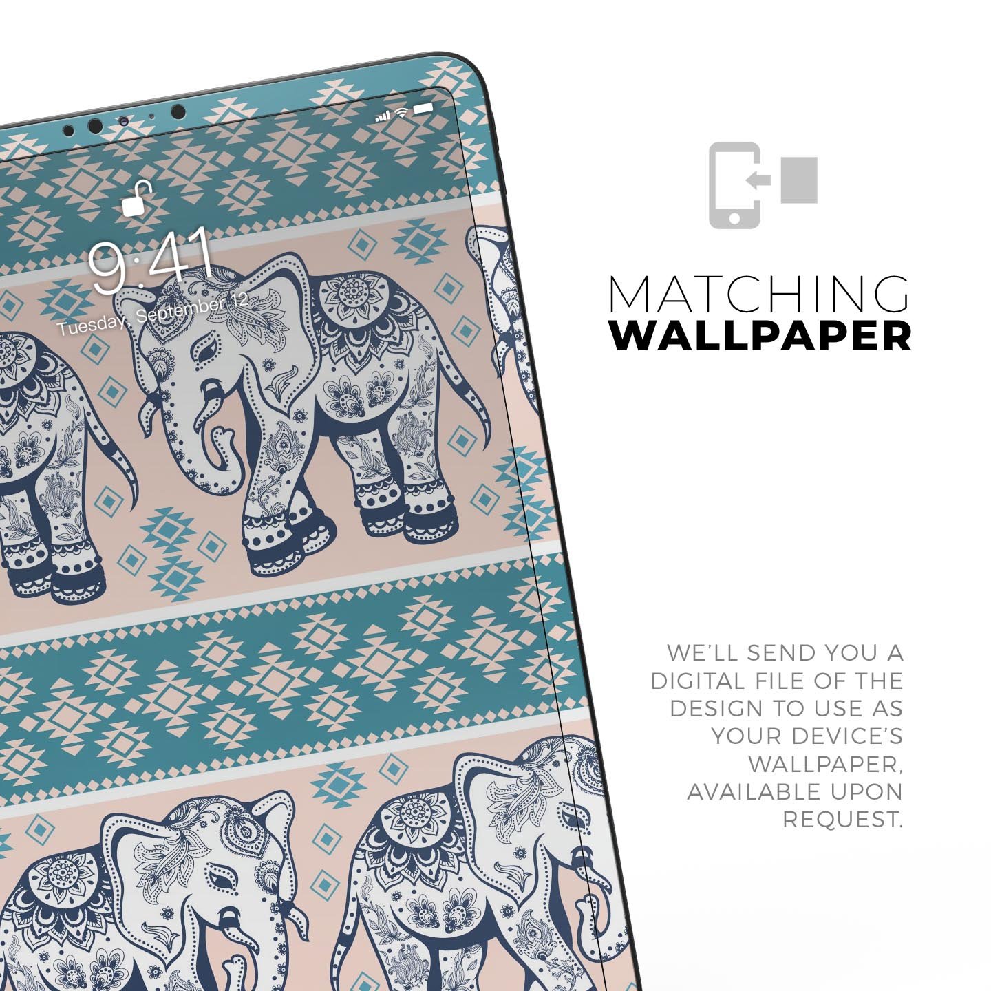 Walking Sacred Elephant Pattern skin decal for Apple devices, showcasing intricate elephant design on a premium 3M material.