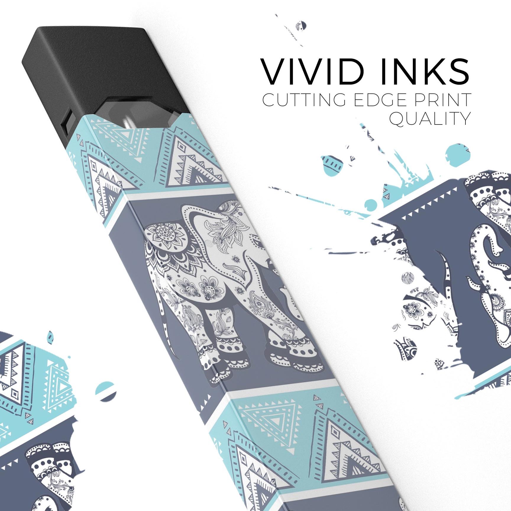 Walking Sacred Elephant Pattern skin-wrap for JUUL device, showcasing vibrant design and premium quality.