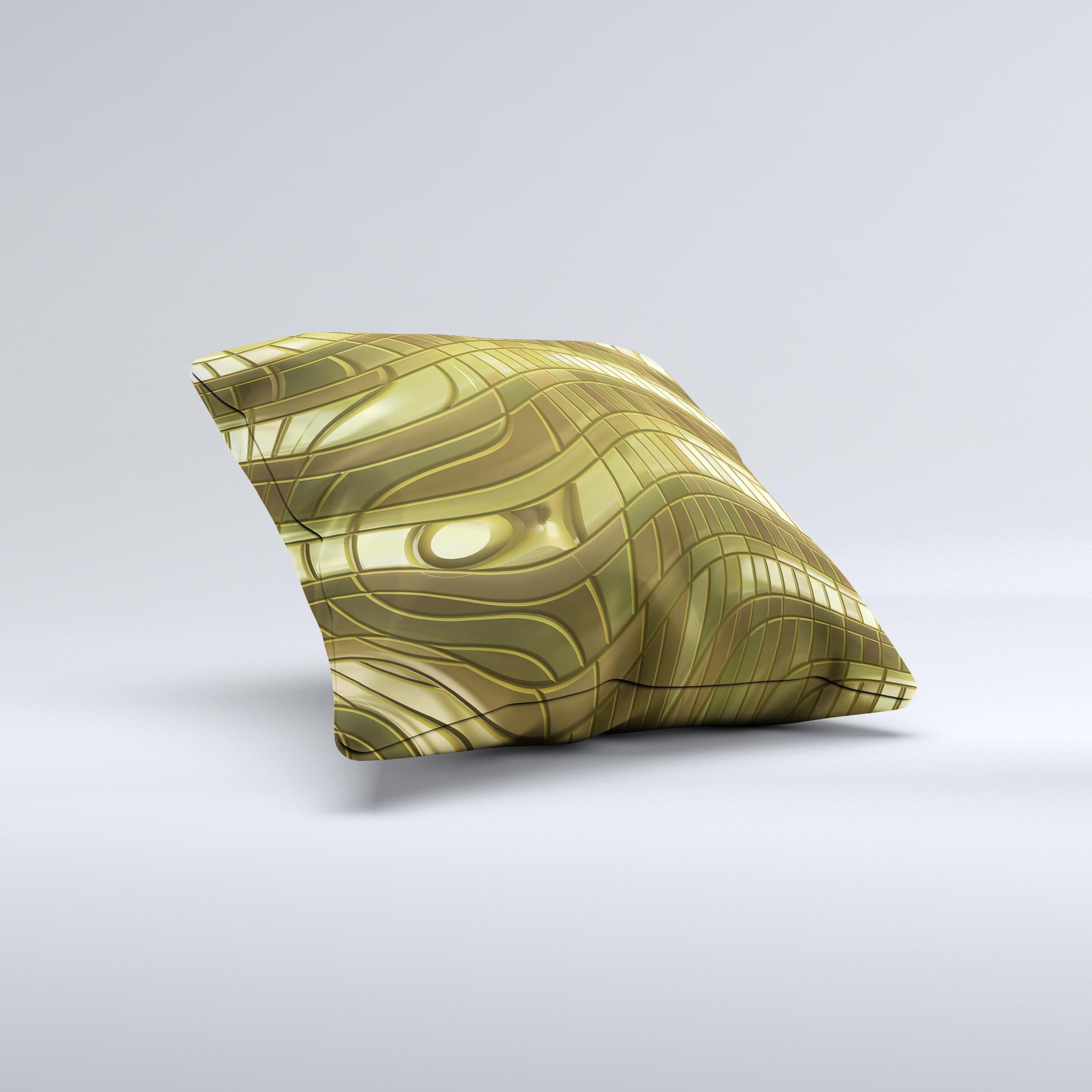 Warped Gold-Plated Mosaic ink-Fuzed Decorative Throw Pillow showcasing unique handcrafted design with luxurious fabric and vibrant colors.