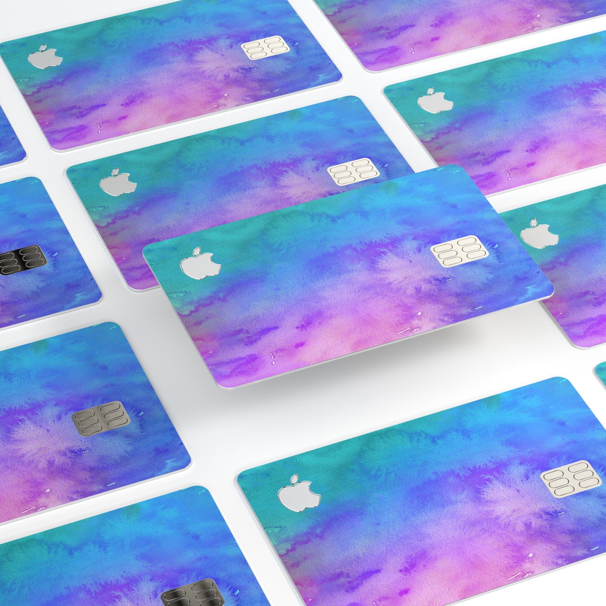 Washed Dyed Absorbed Watercolor Texture decal on an Apple Card, showcasing vibrant colors and a protective design.