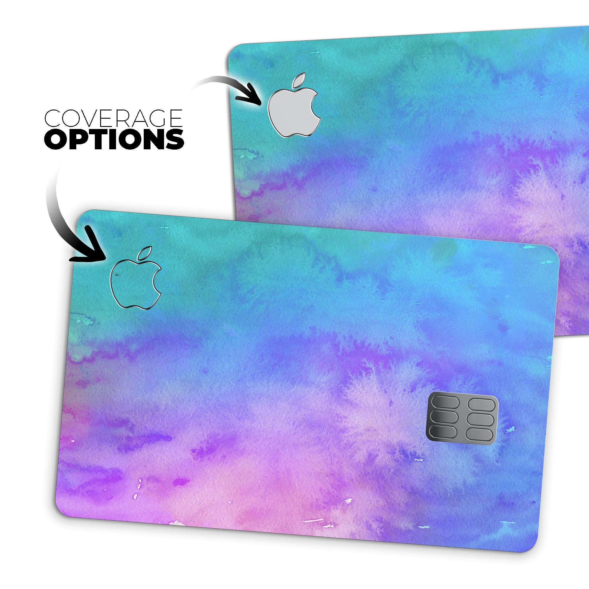 Washed Dyed Absorbed Watercolor Texture decal on an Apple Card, showcasing vibrant colors and a protective design.