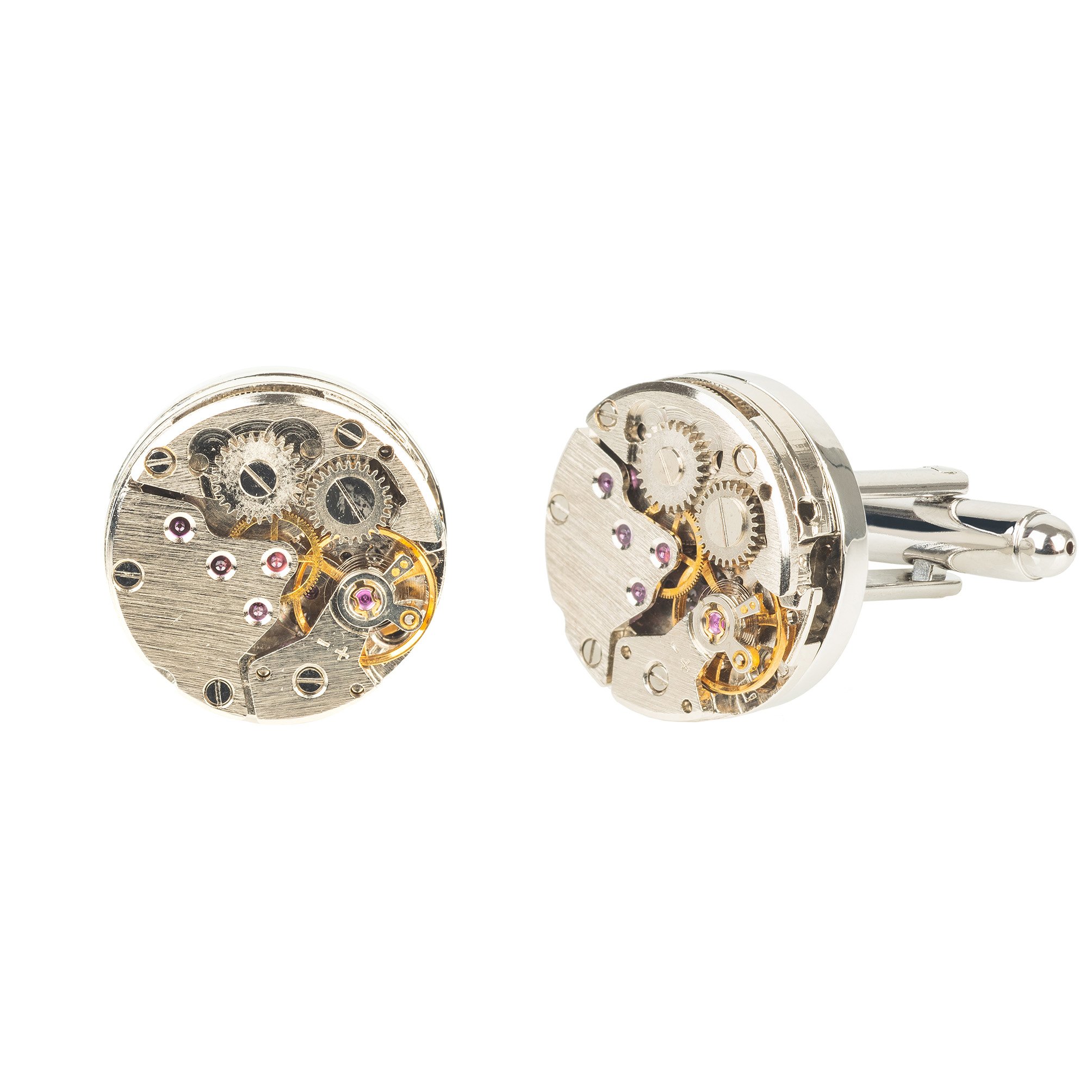 Stylish silver cufflinks featuring a working watch movement design, crafted from stainless steel.