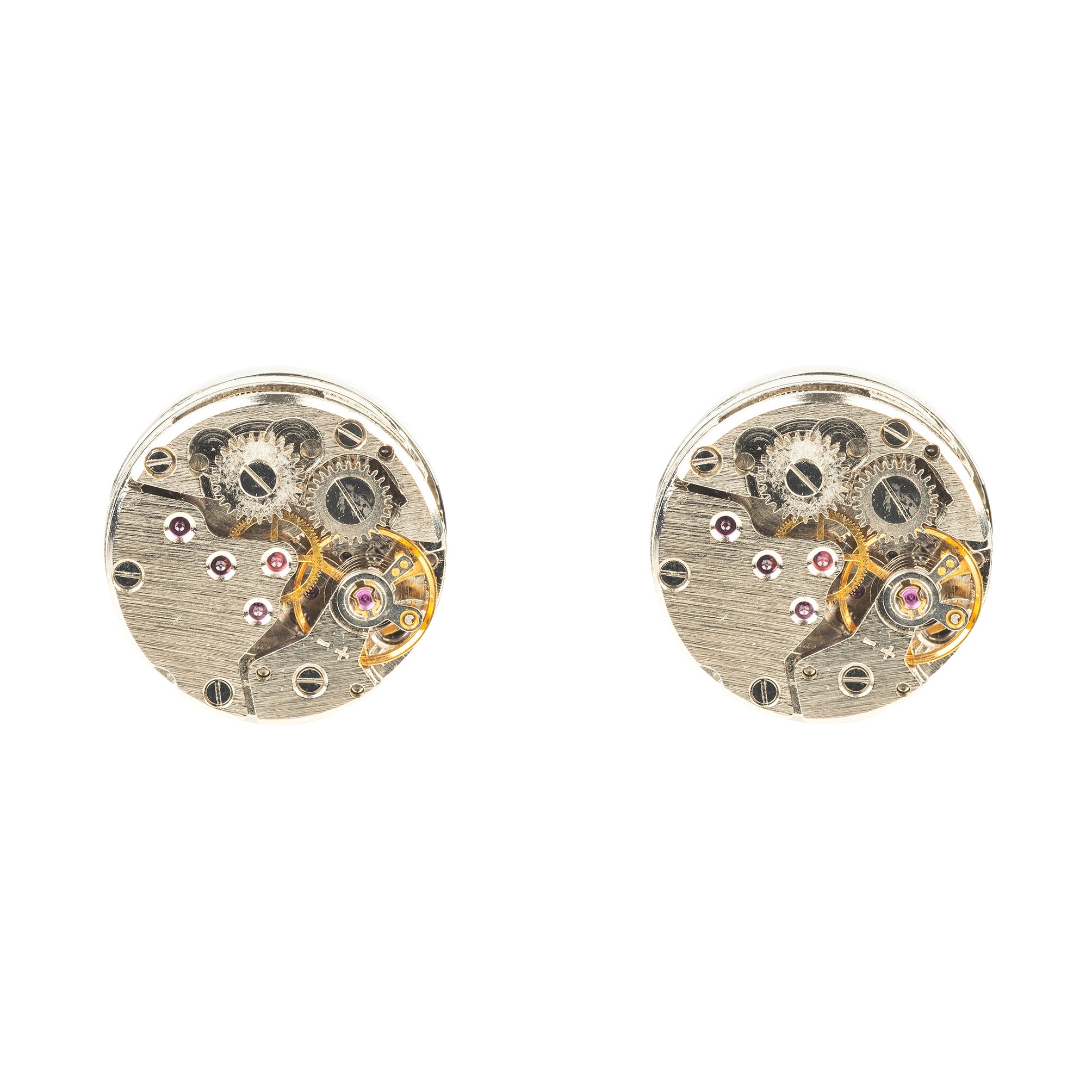 Stylish silver cufflinks featuring a working watch movement design, crafted from stainless steel.