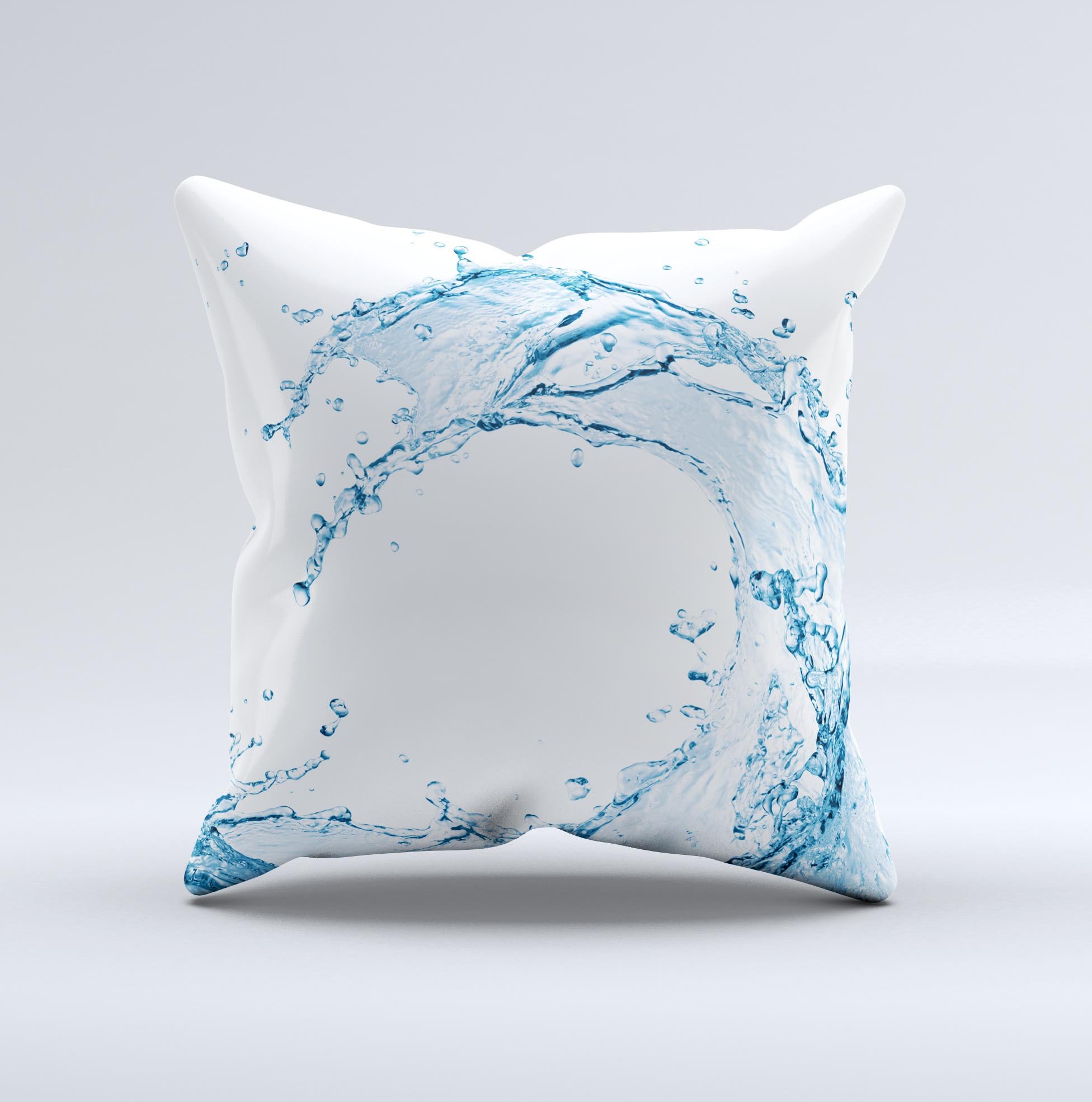 A beautifully handcrafted throw pillow featuring a vibrant water splashing wave design, made from high-quality poly/cotton fabric.