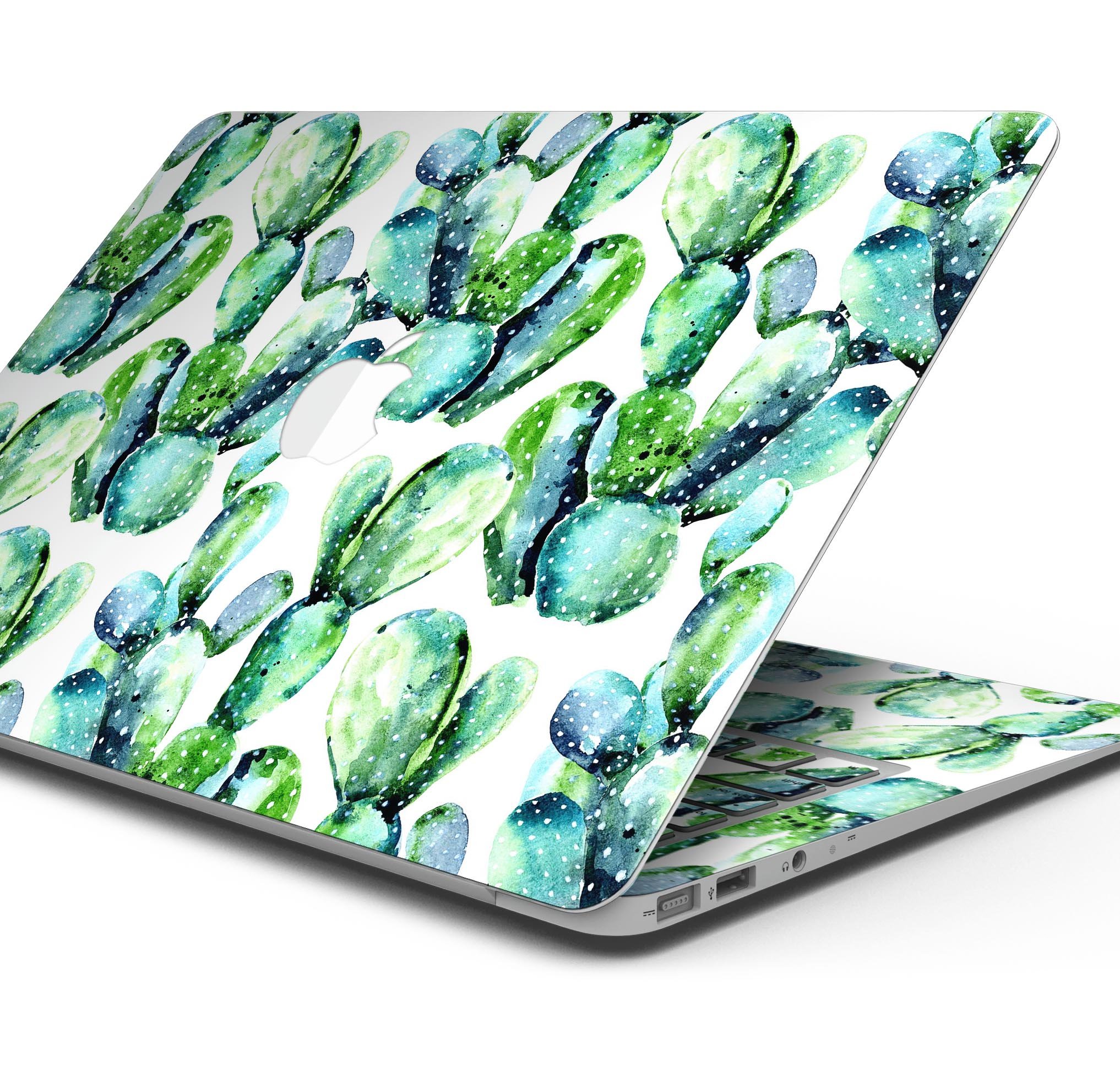 Watercolor Cactus Bloom V1 skin decal wrap kit for MacBook, featuring vibrant cactus designs on premium vinyl material.