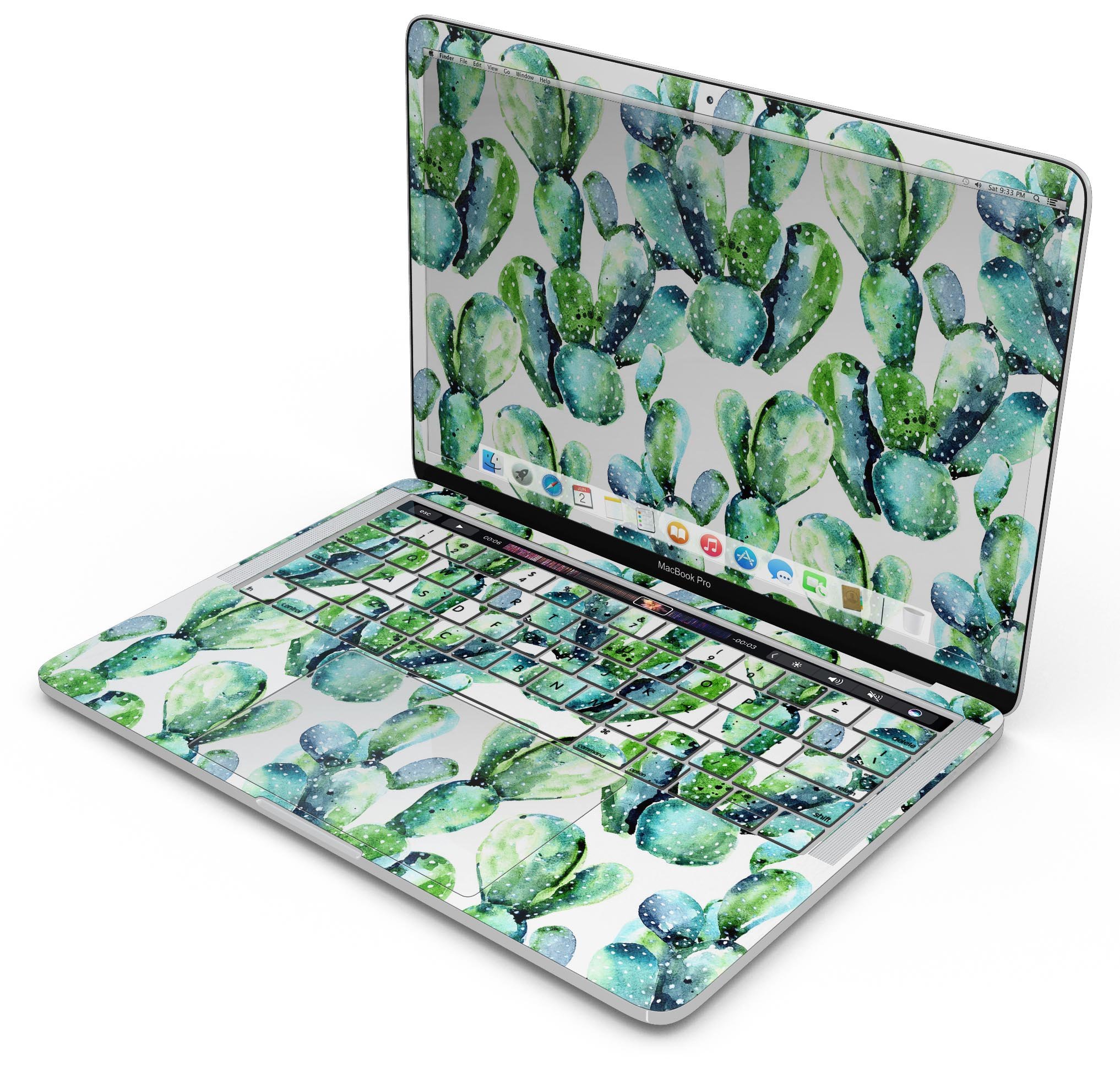 Watercolor Cactus Bloom V1 skin decal wrap kit for MacBook, featuring vibrant cactus designs on premium vinyl material.