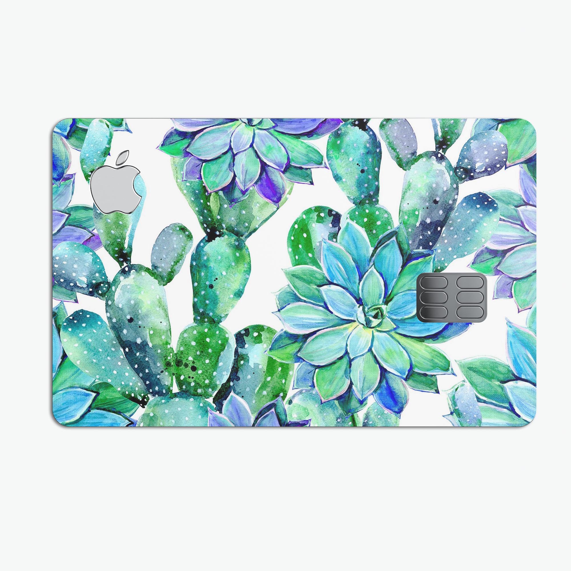 Watercolor Cactus Succulent Bloom V12 decal on an Apple Card, showcasing vibrant colors and a protective design.