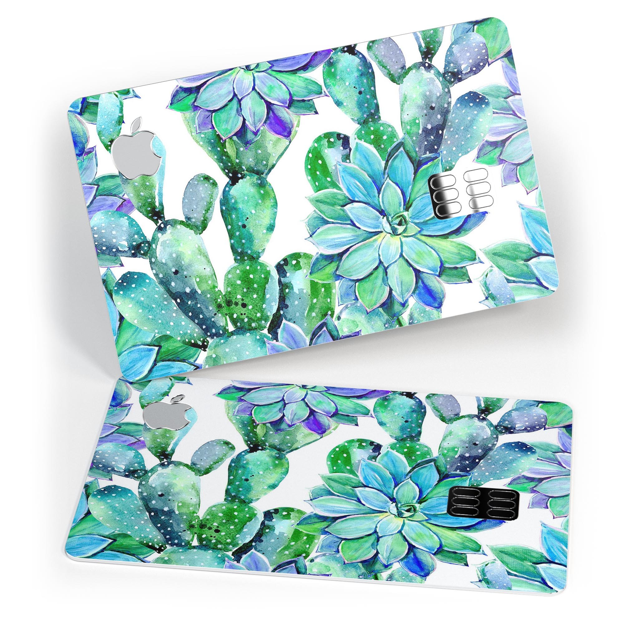 Watercolor Cactus Succulent Bloom V12 decal on an Apple Card, showcasing vibrant colors and a protective design.