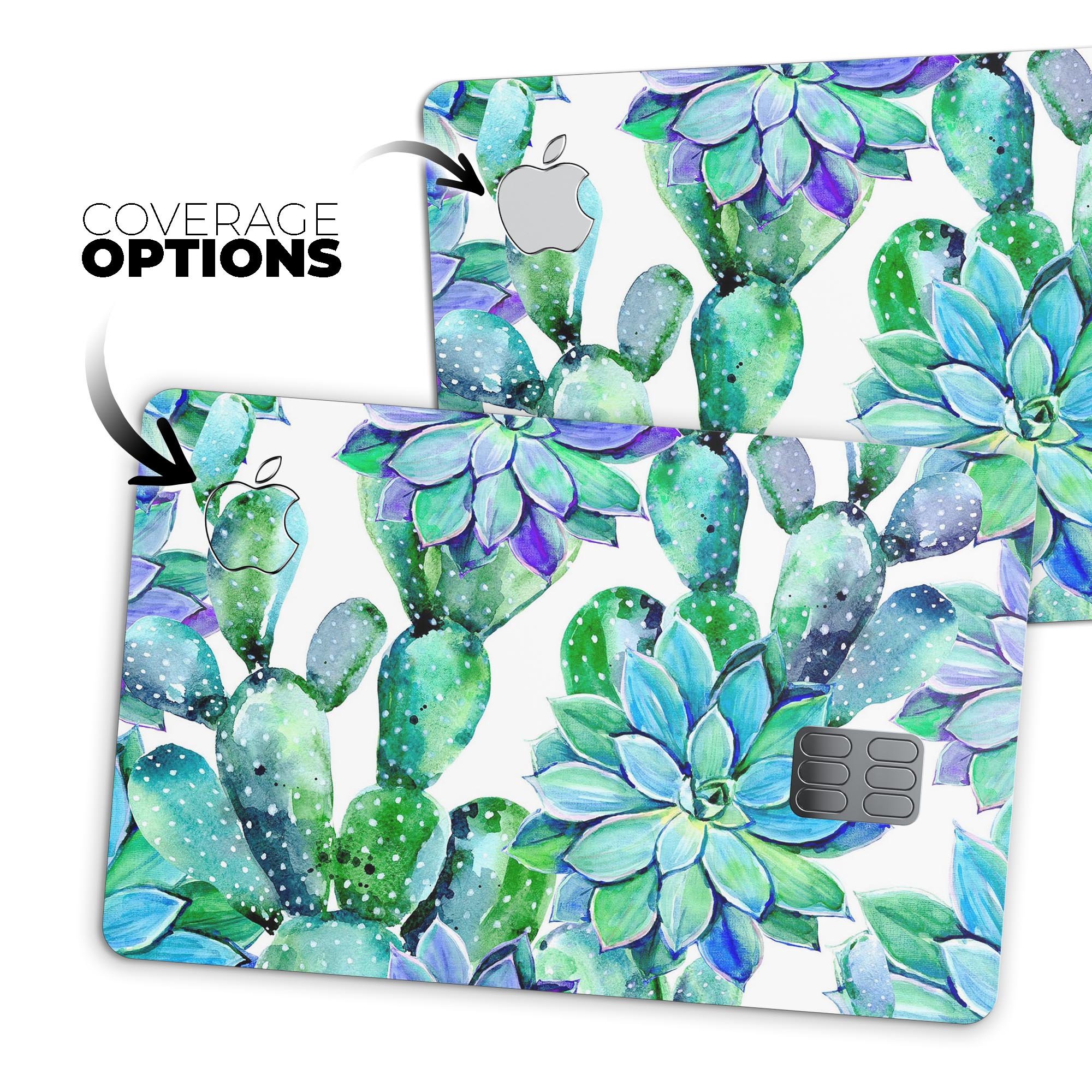 Watercolor Cactus Succulent Bloom V12 decal on an Apple Card, showcasing vibrant colors and a protective design.