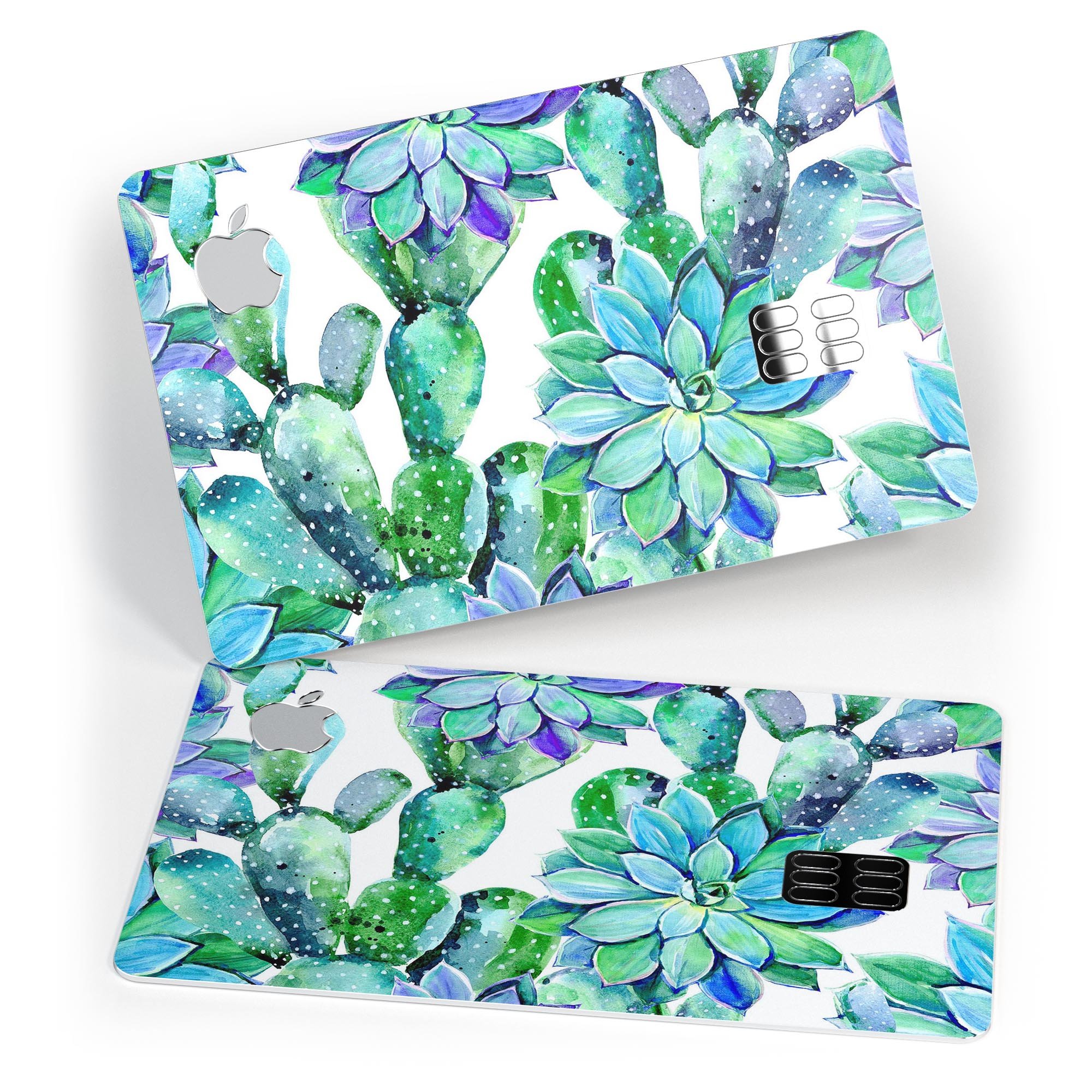 Watercolor Cactus Succulent Bloom V13 decal on an Apple Card, showcasing vibrant colors and a stylish design.