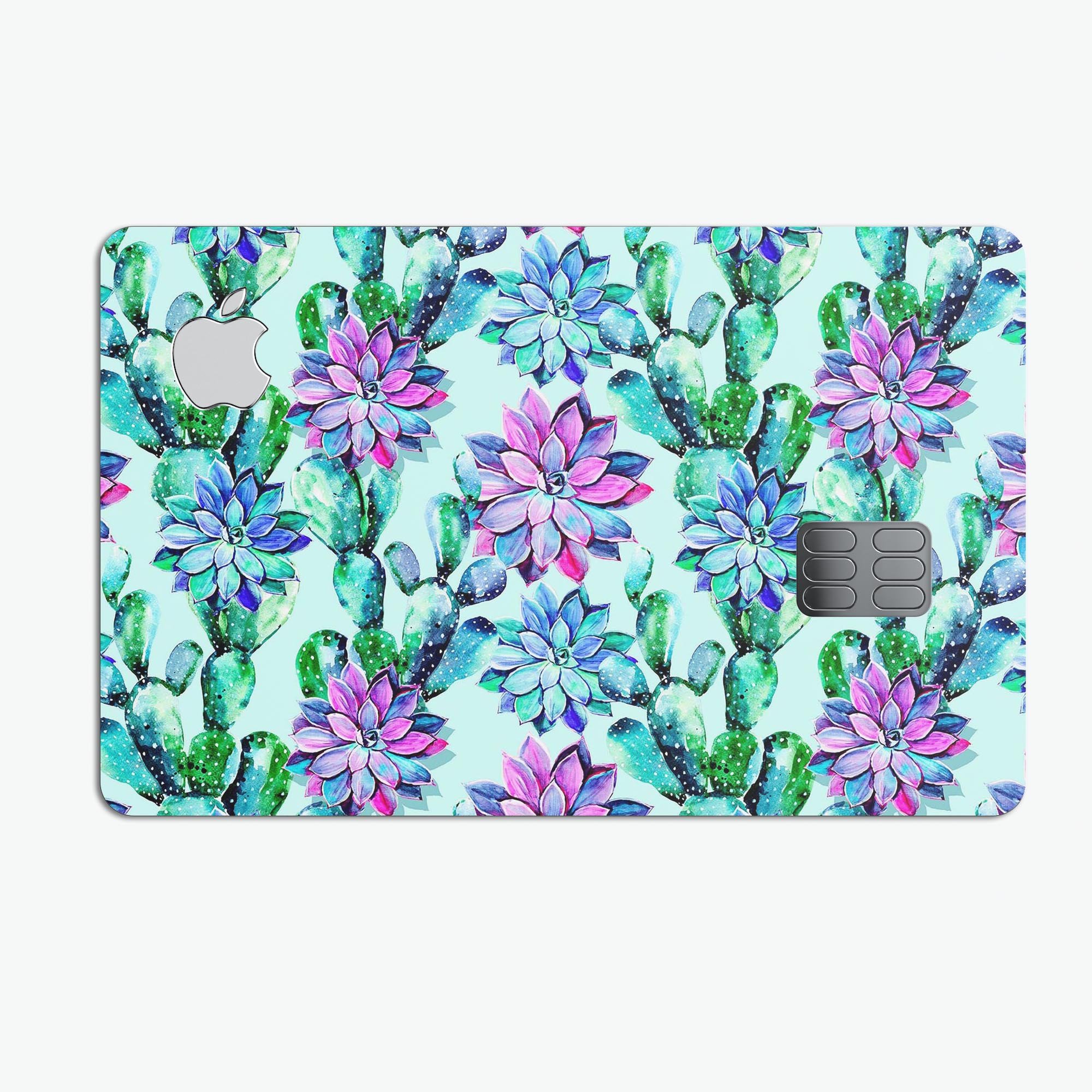 Watercolor Cactus Succulent Bloom V14 decal on an Apple Card, showcasing vibrant colors and premium vinyl material.