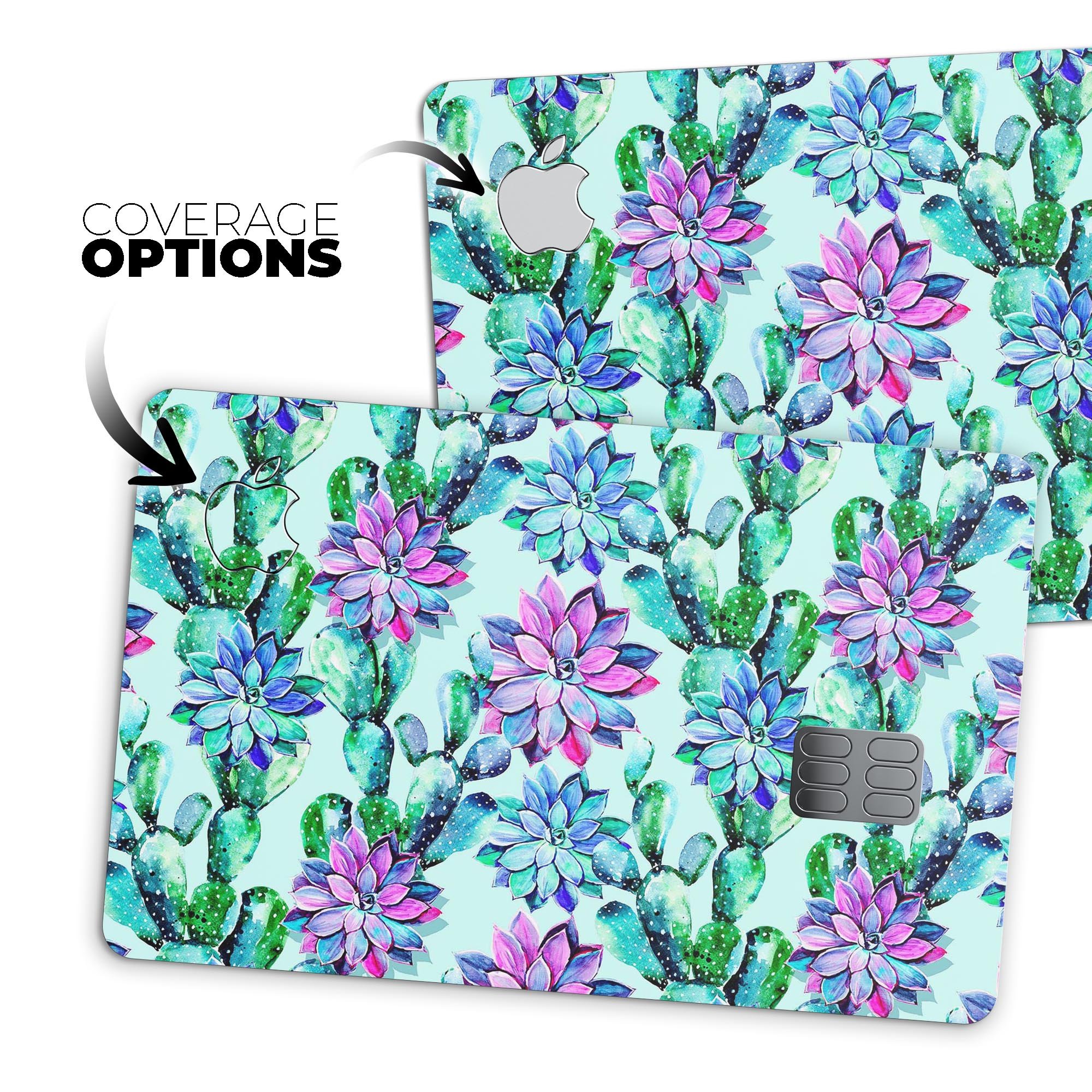 Watercolor Cactus Succulent Bloom V14 decal on an Apple Card, showcasing vibrant colors and premium vinyl material.