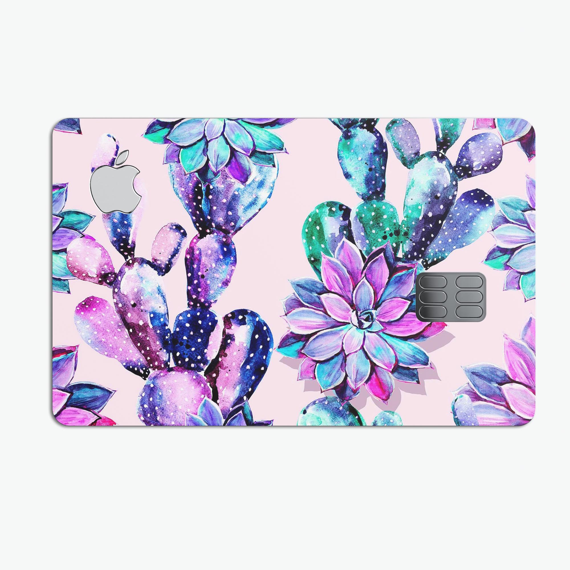 Watercolor Cactus Succulent Bloom V15 decal on an Apple Card, showcasing vibrant colors and a protective design.